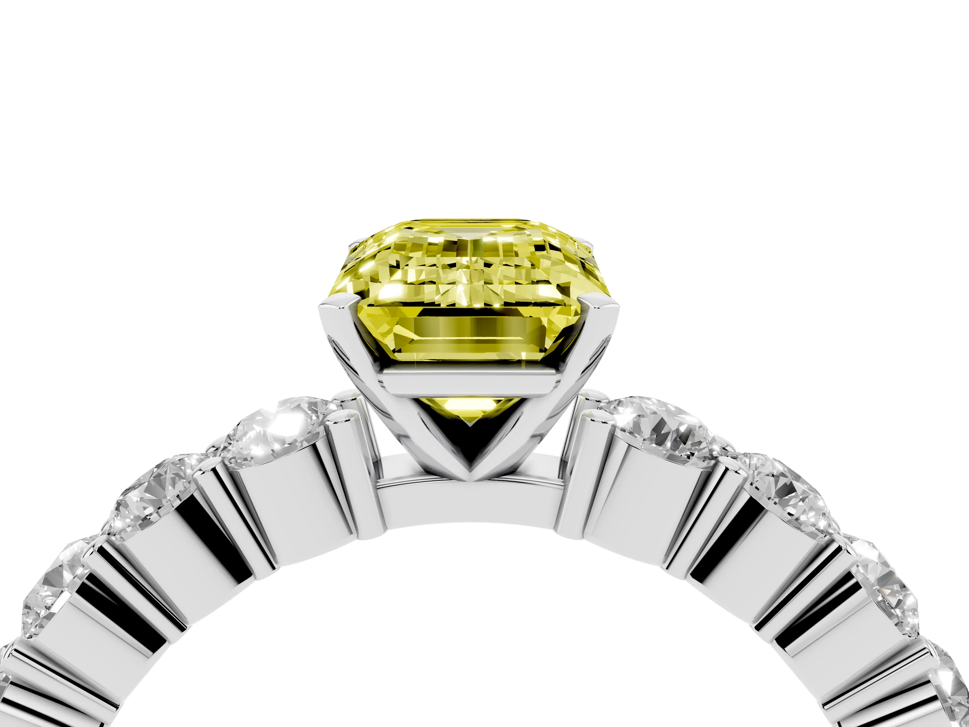 Fancy Yellow Emerald Cut Diamond Solitaire Ring Set in White gold with Shared Prong Round Side Stones