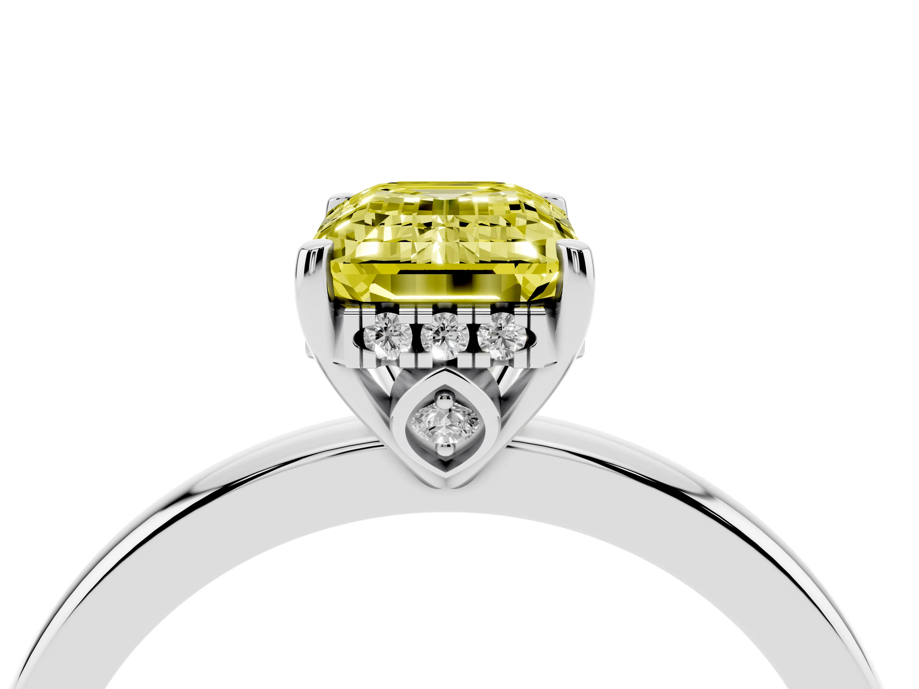 Fancy Yellow Emerald Cut Diamond Solitaire Ring Set in Silver with Plain Band and Prong Setting