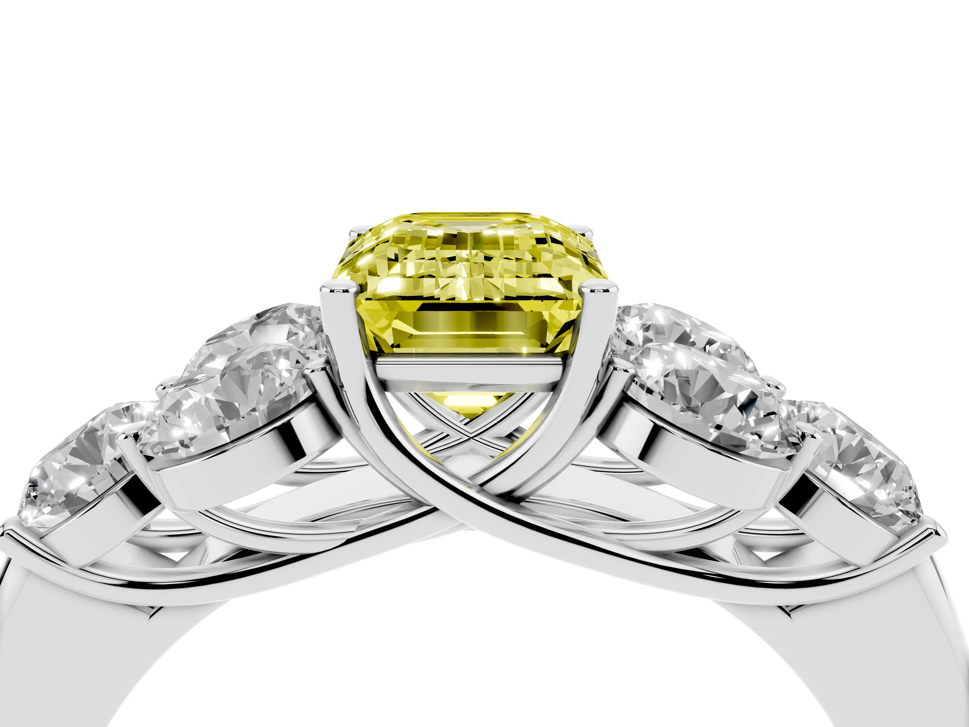 Fancy Yellow Emerald Cut Diamond Cluster Ring Set in White gold with Round Accent Stones and Prong Setting on a Plain Band