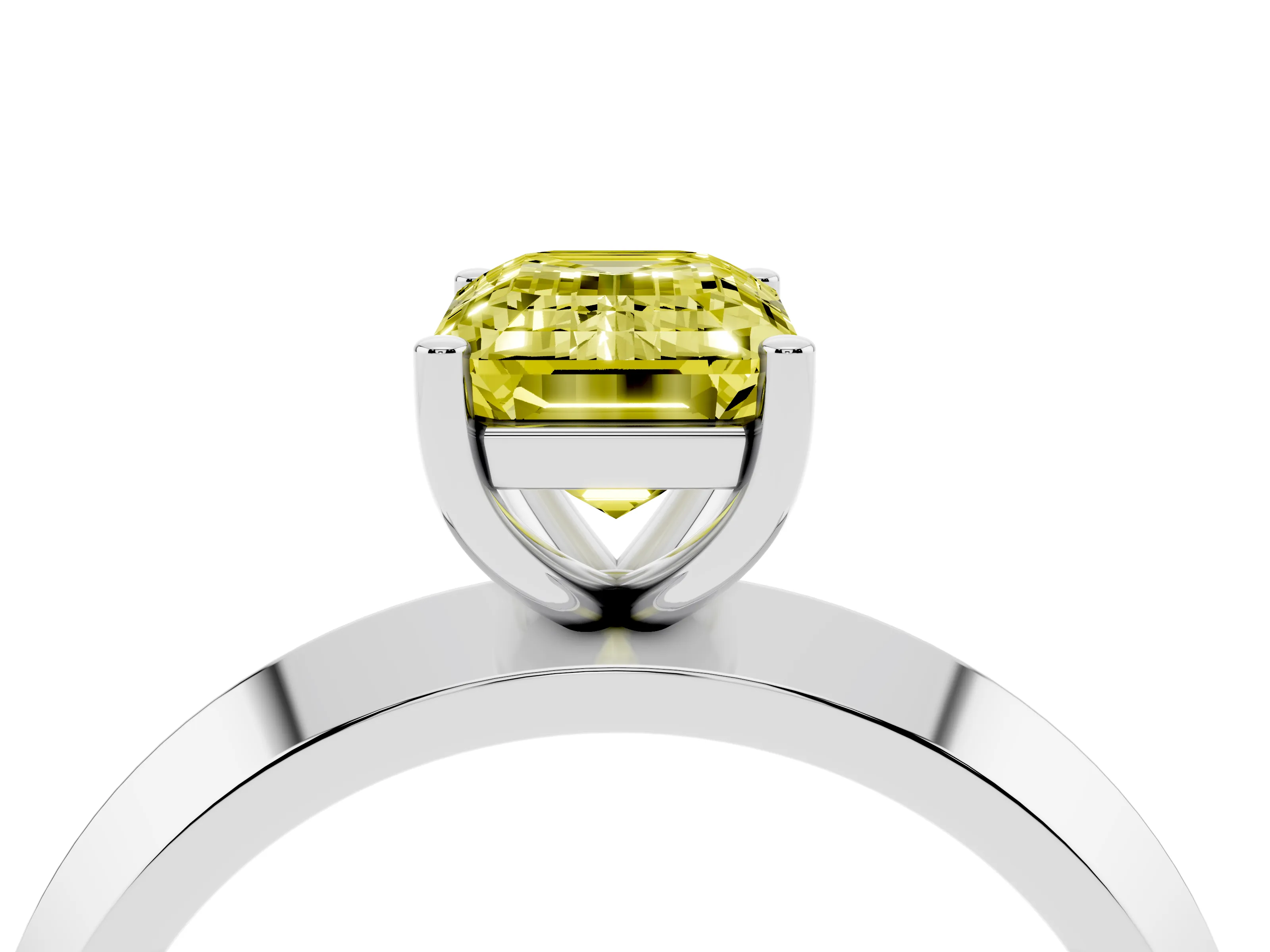 Fancy Yellow Emerald Cut Diamond Solitaire Engagement Ring Set in Platinum with Flat Band and Prong Setting