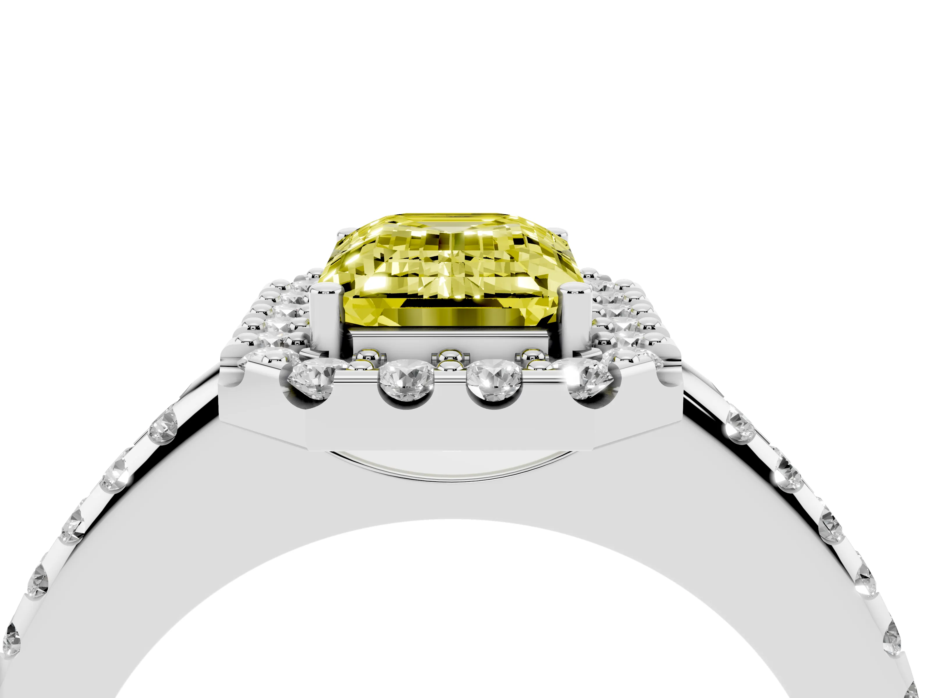 Fancy Yellow Emerald Cut Diamond Pavé Halo Ring Set in Silver with Prong Setting