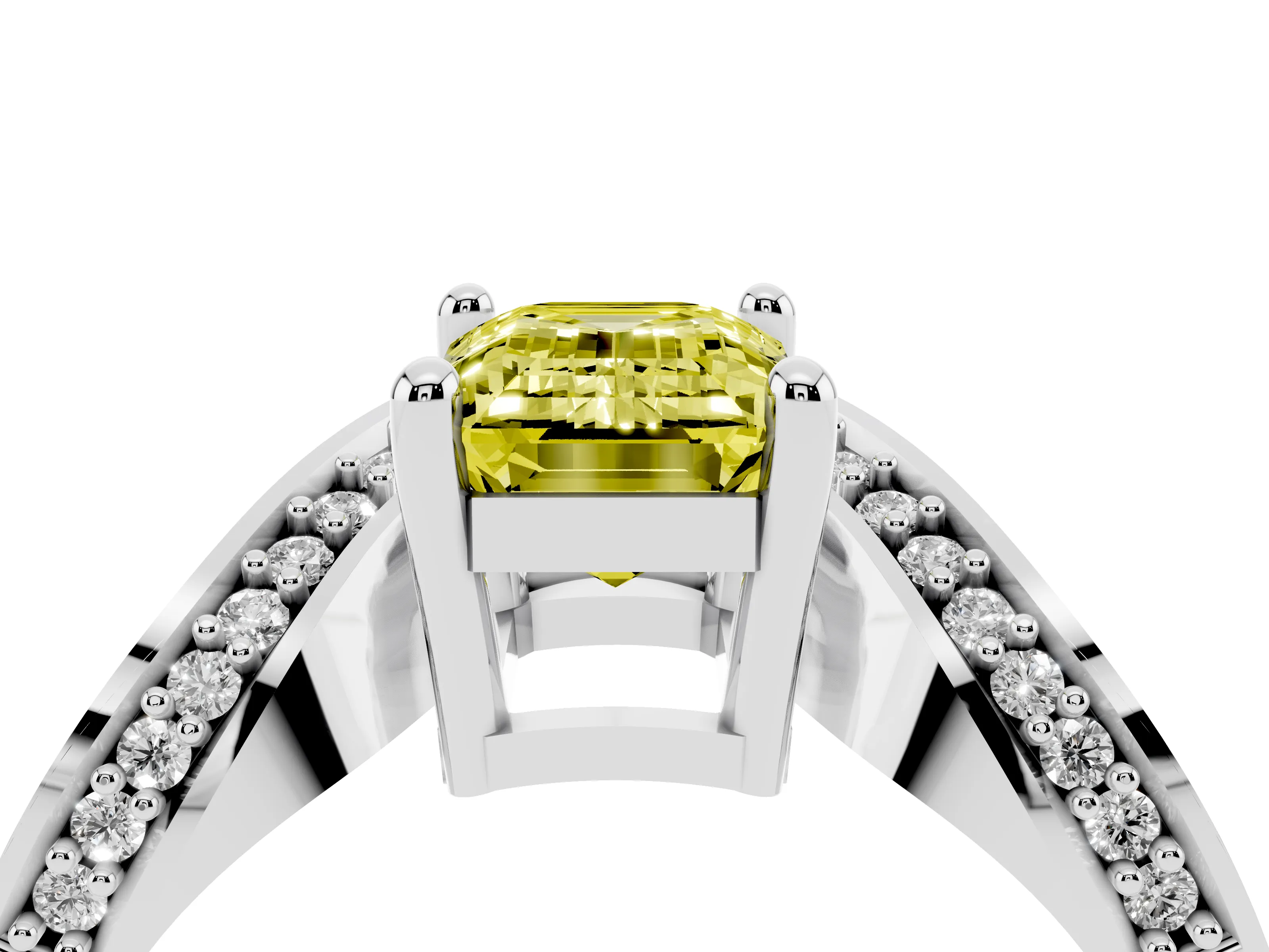 Fancy Yellow Emerald Cut Diamond Solitaire Engagement Ring Set in Silver with Pavé Shoulders