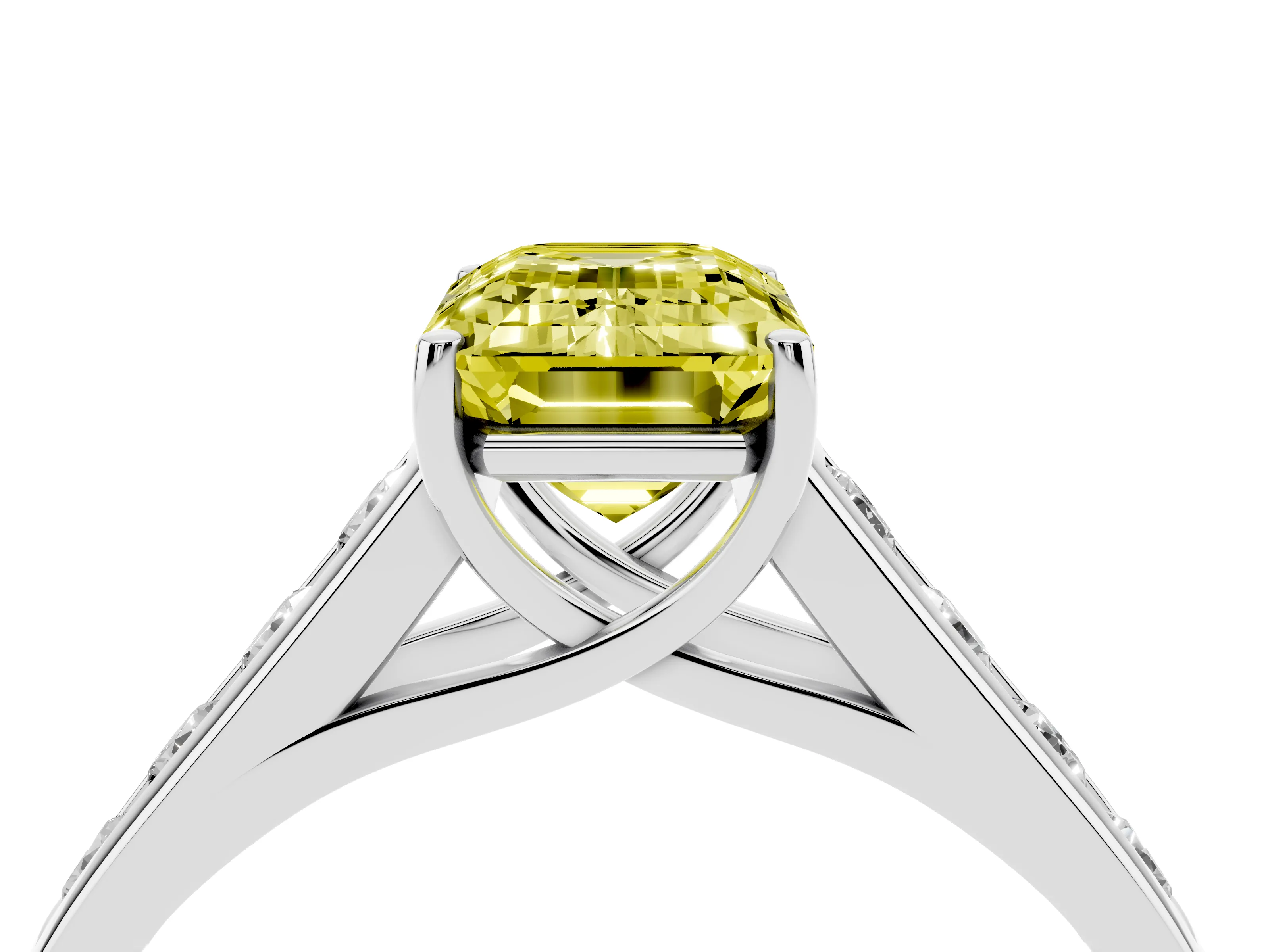 Fancy Yellow Emerald Cut Diamond Solitaire Channel-Set Engagement Ring Set in White gold with Prong Setting