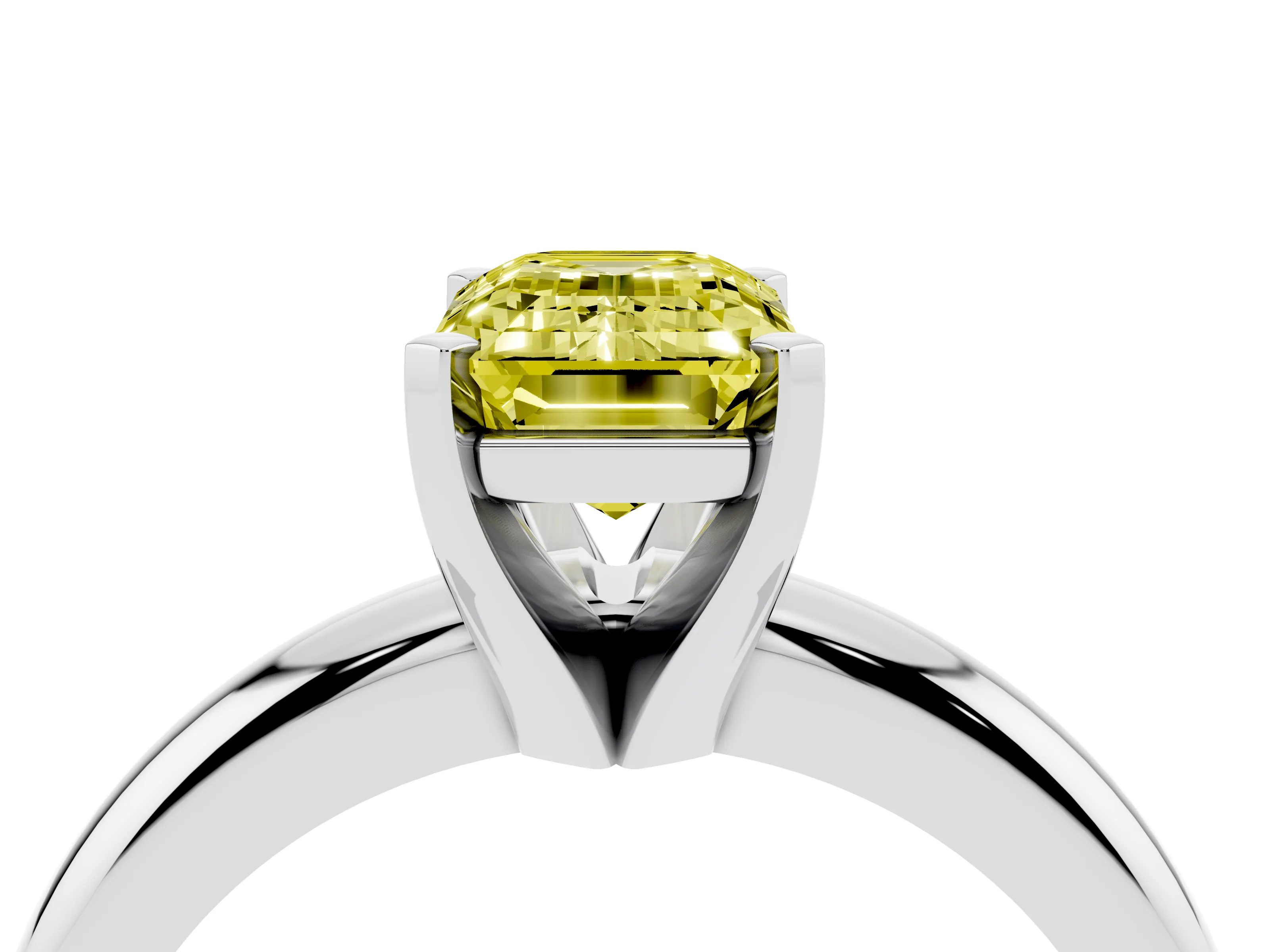 Fancy Yellow Emerald Cut Diamond Solitaire Engagement Ring Set in Platinum with Round Band and Prong Setting