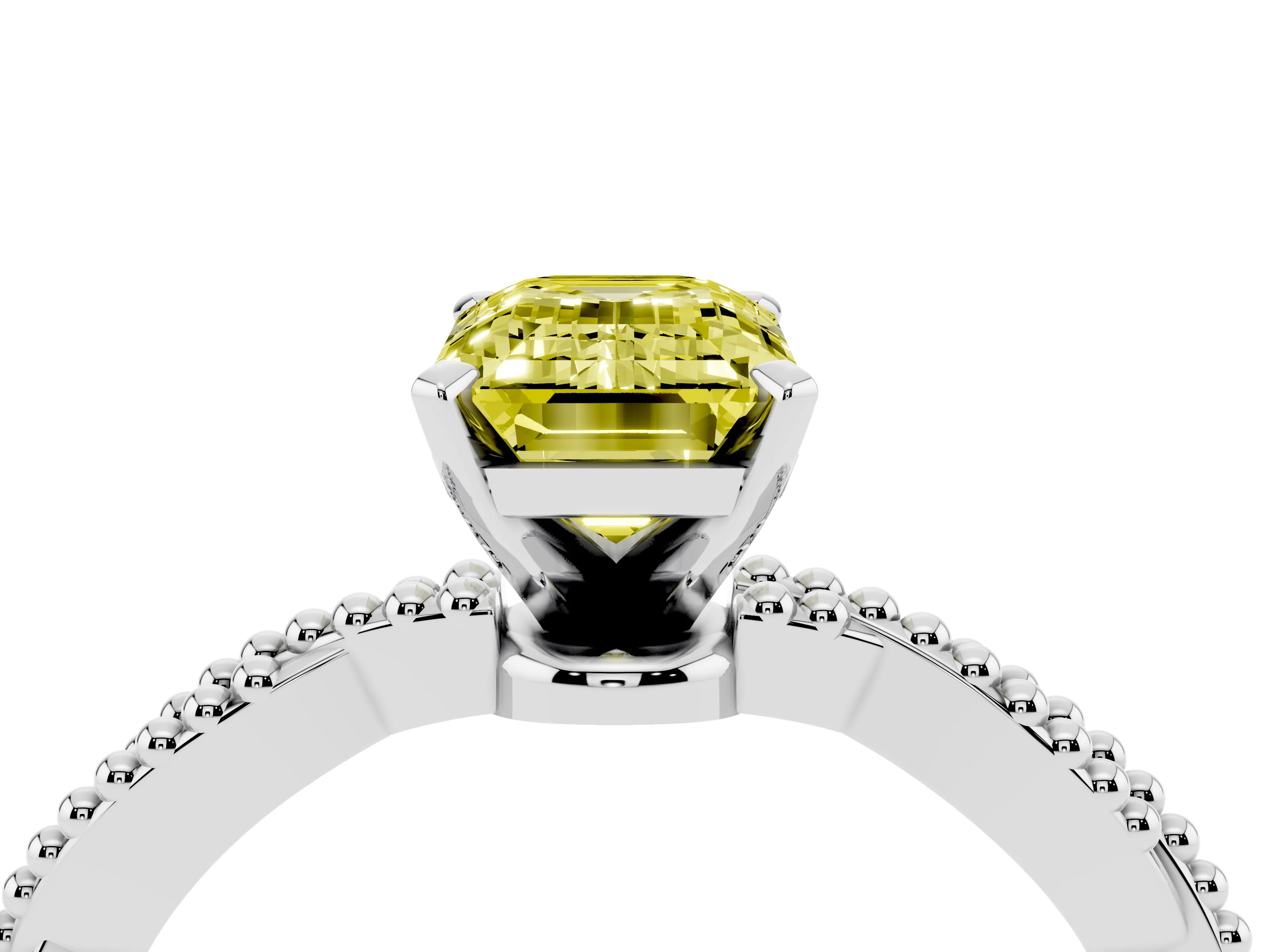 Fancy Yellow Emerald Cut Diamond Solitaire Ring Set in White gold with Twisted Band and Bead Prong Setting