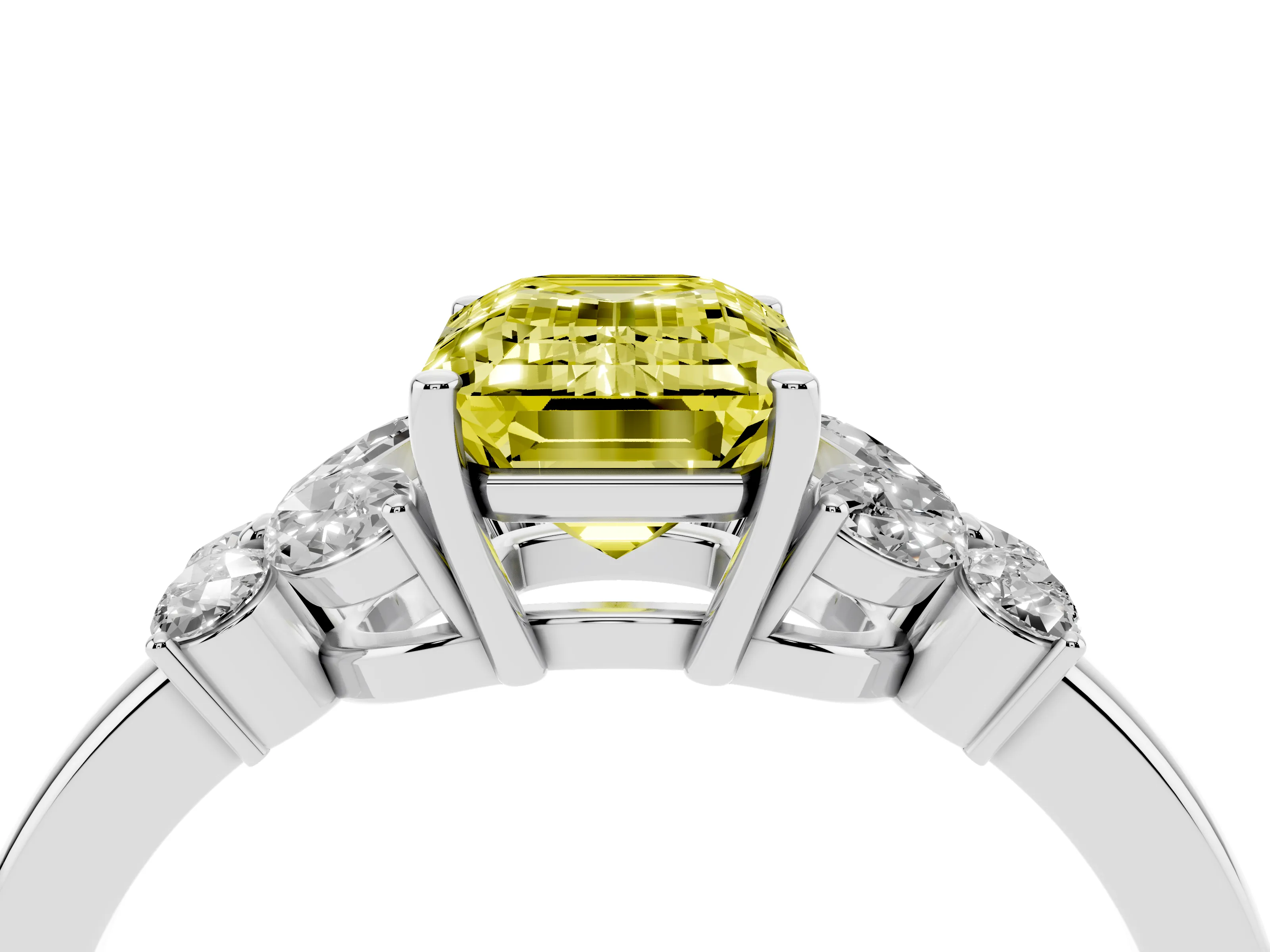 Fancy Yellow Emerald Cut Diamond Solitaire Floral Ring Set in Silver with Marquise Petals and Prong Setting