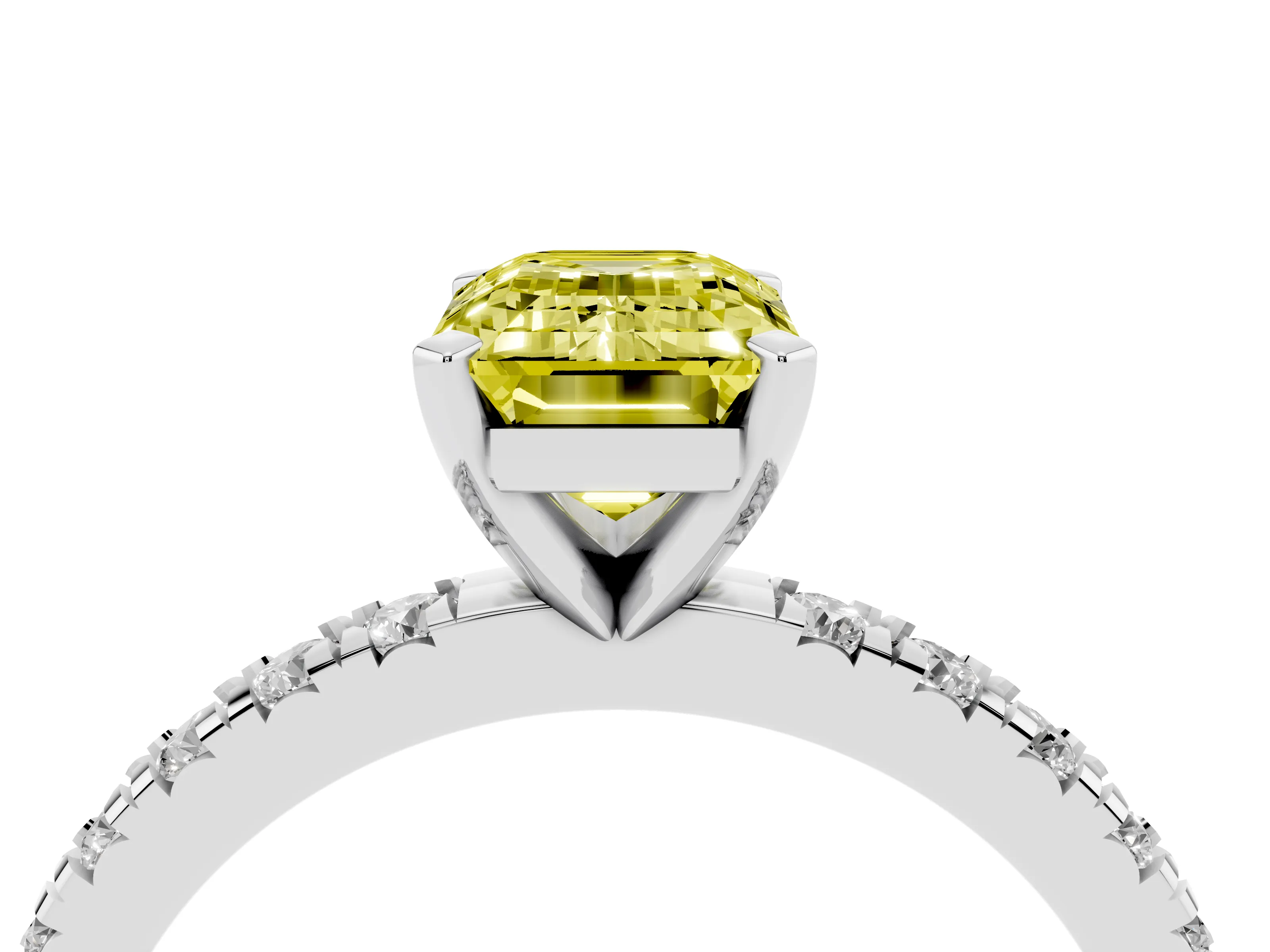 Fancy Yellow Emerald Cut Diamond Pavé Band Solitaire Set in Platinum with Prong Setting