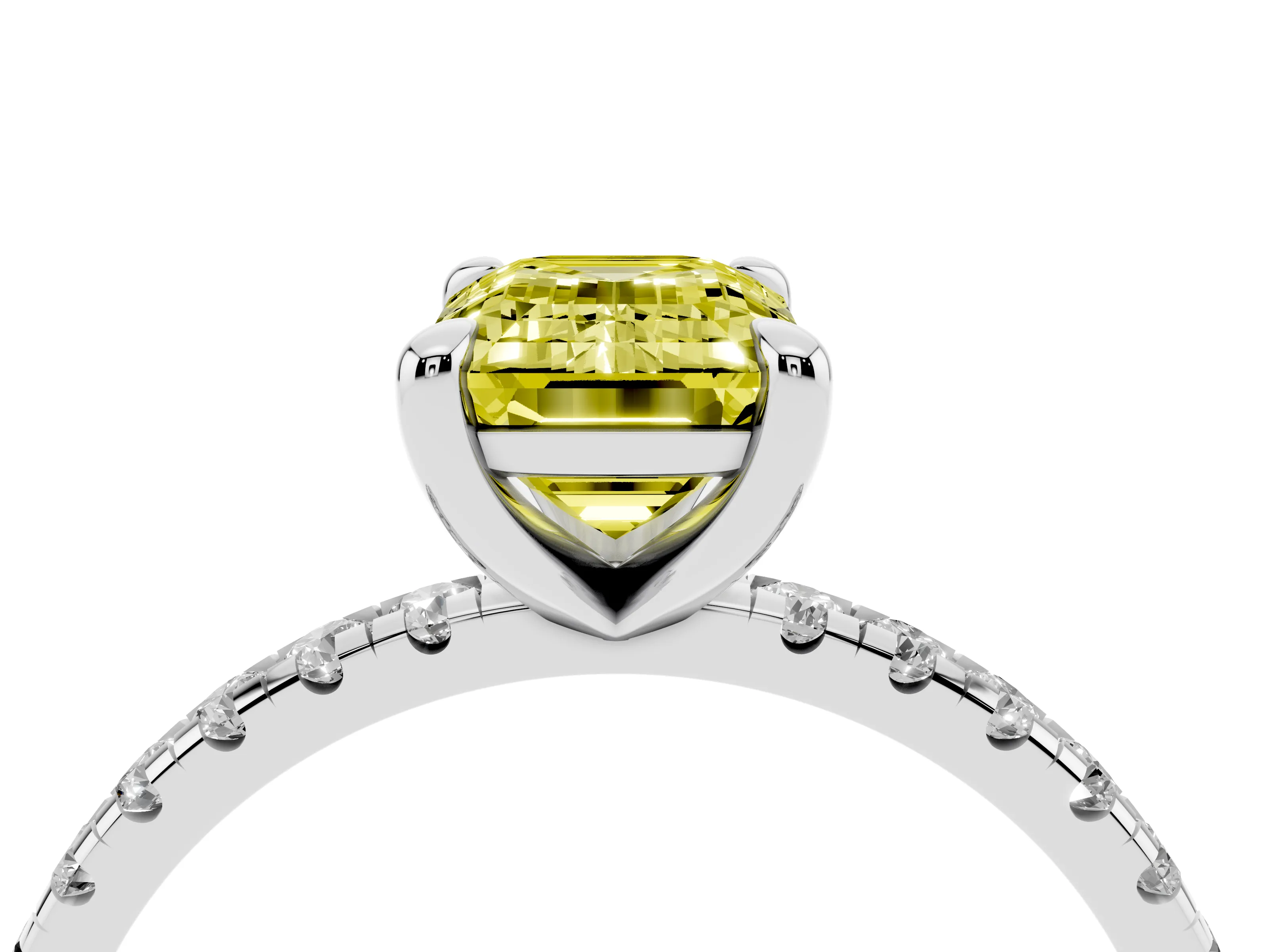 Fancy Yellow Emerald Cut Diamond Brilliant Solitaire Ring Set in White gold with Pavé Band and Prong Setting