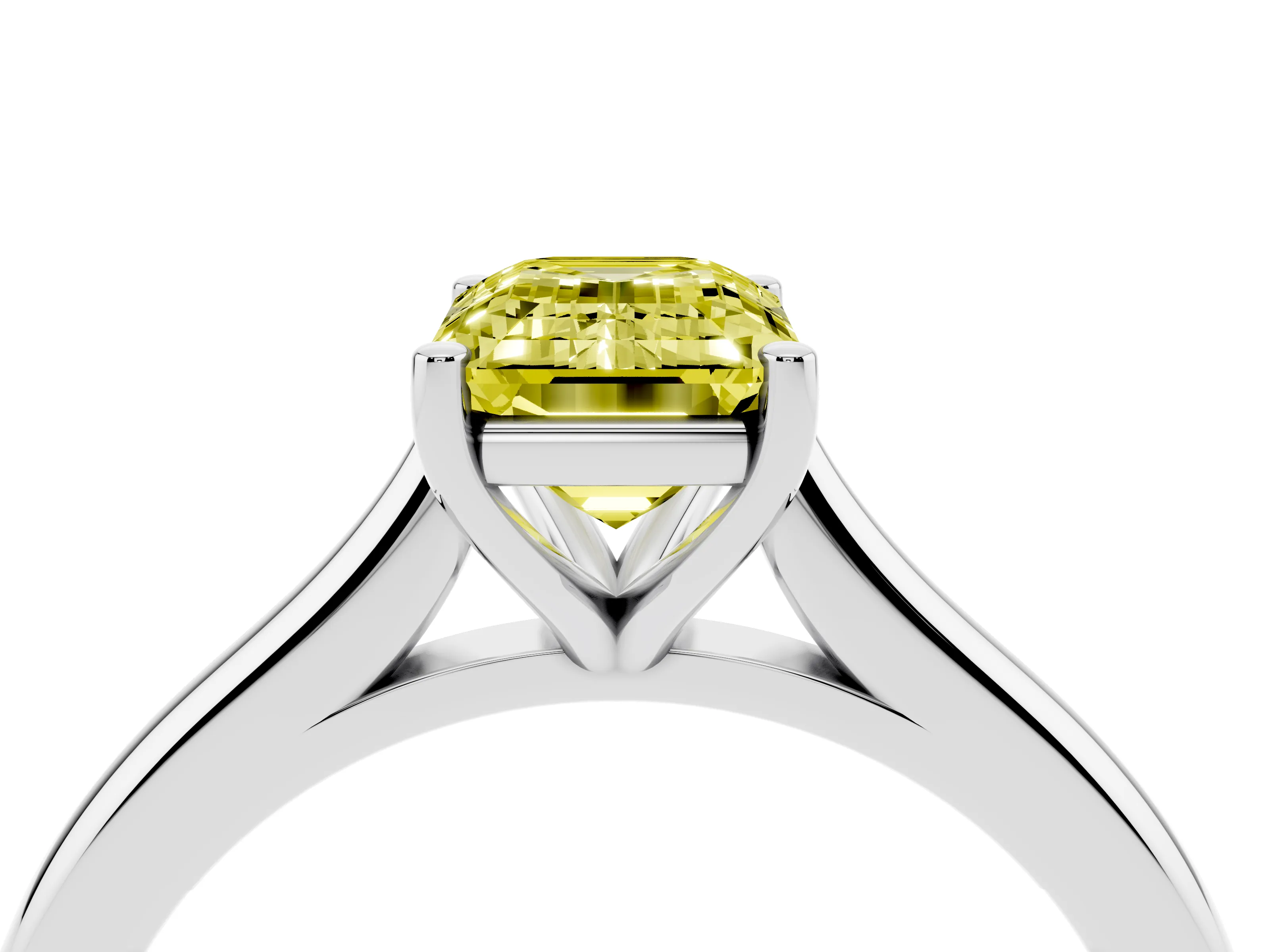 Fancy Yellow Emerald Cut Diamond Solitaire Ring Set in Silver with Cathedral Band and Prong Setting