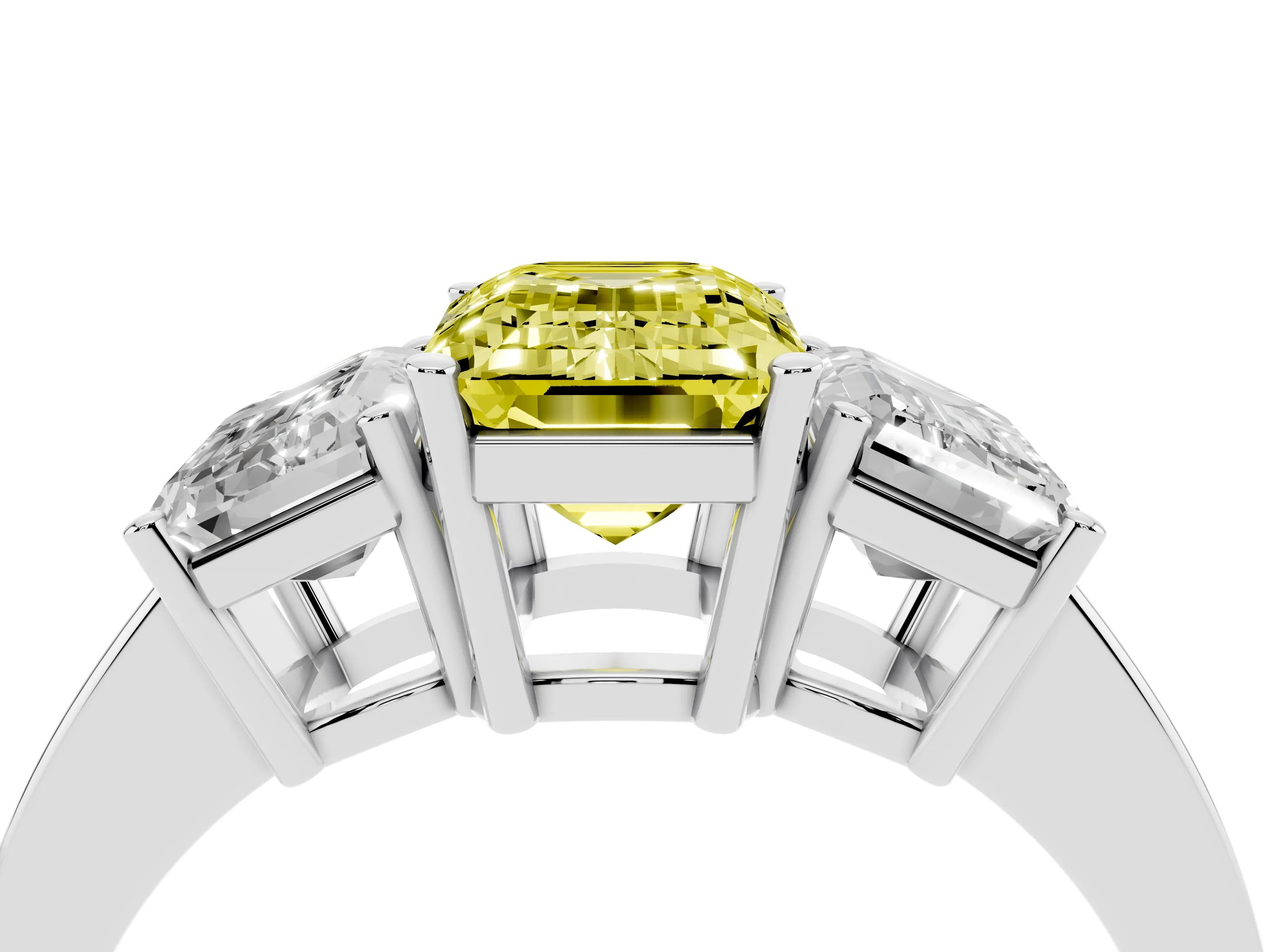 Fancy Yellow Emerald Cut Diamond Three-Stone Engagement Ring Set in Silver with Flat Band