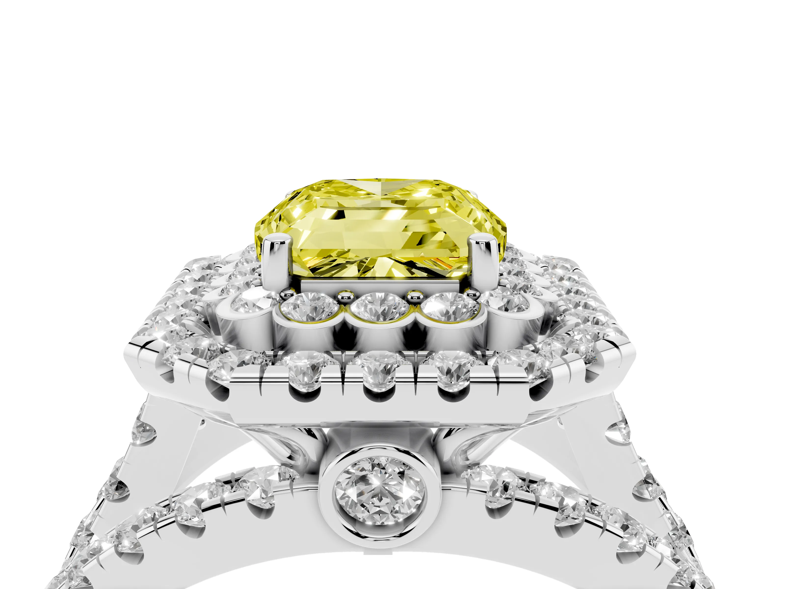 Fancy Yellow Emerald Cut Diamond Double Halo Ring Set in Silver with Round Pavé Split Shank