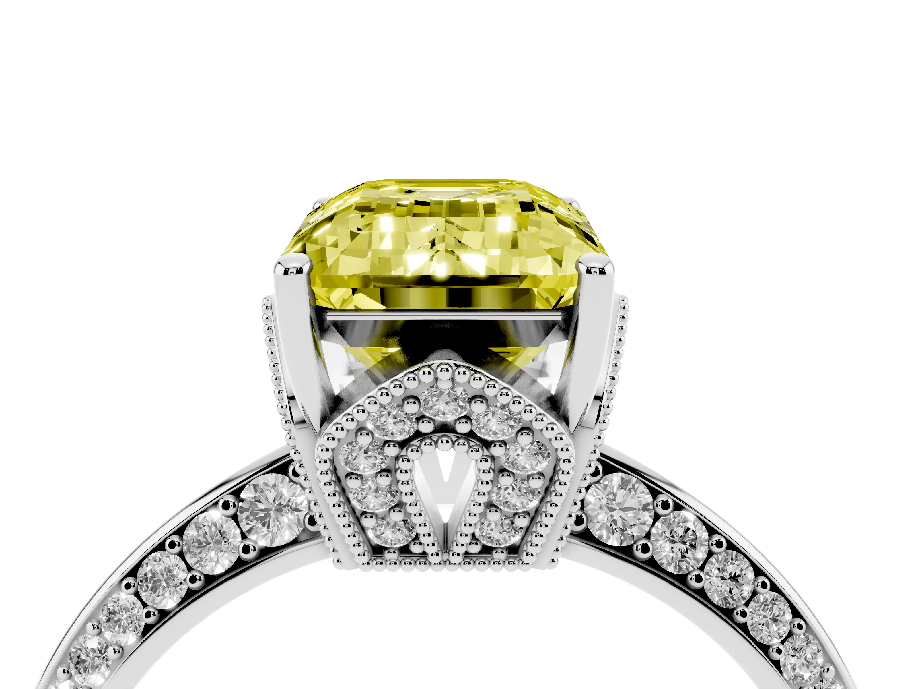 Fancy Yellow Emerald Cut Diamond Solitaire Engagement Ring Set in Platinum with Pavé Split Shank and Prong Setting