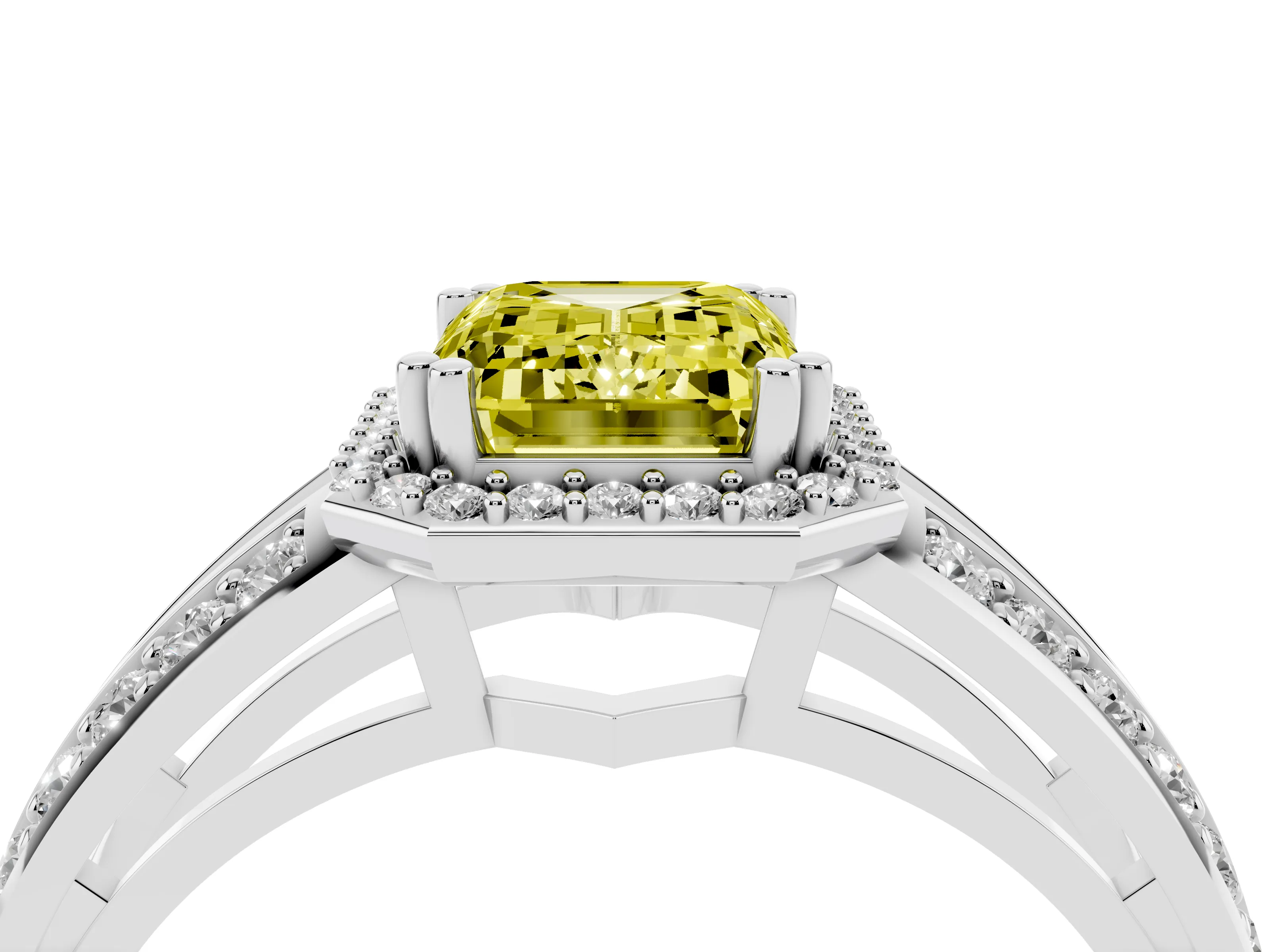 Fancy Yellow Emerald Cut Diamond Halo Ring Set in White gold with Double Pavé Split Shank