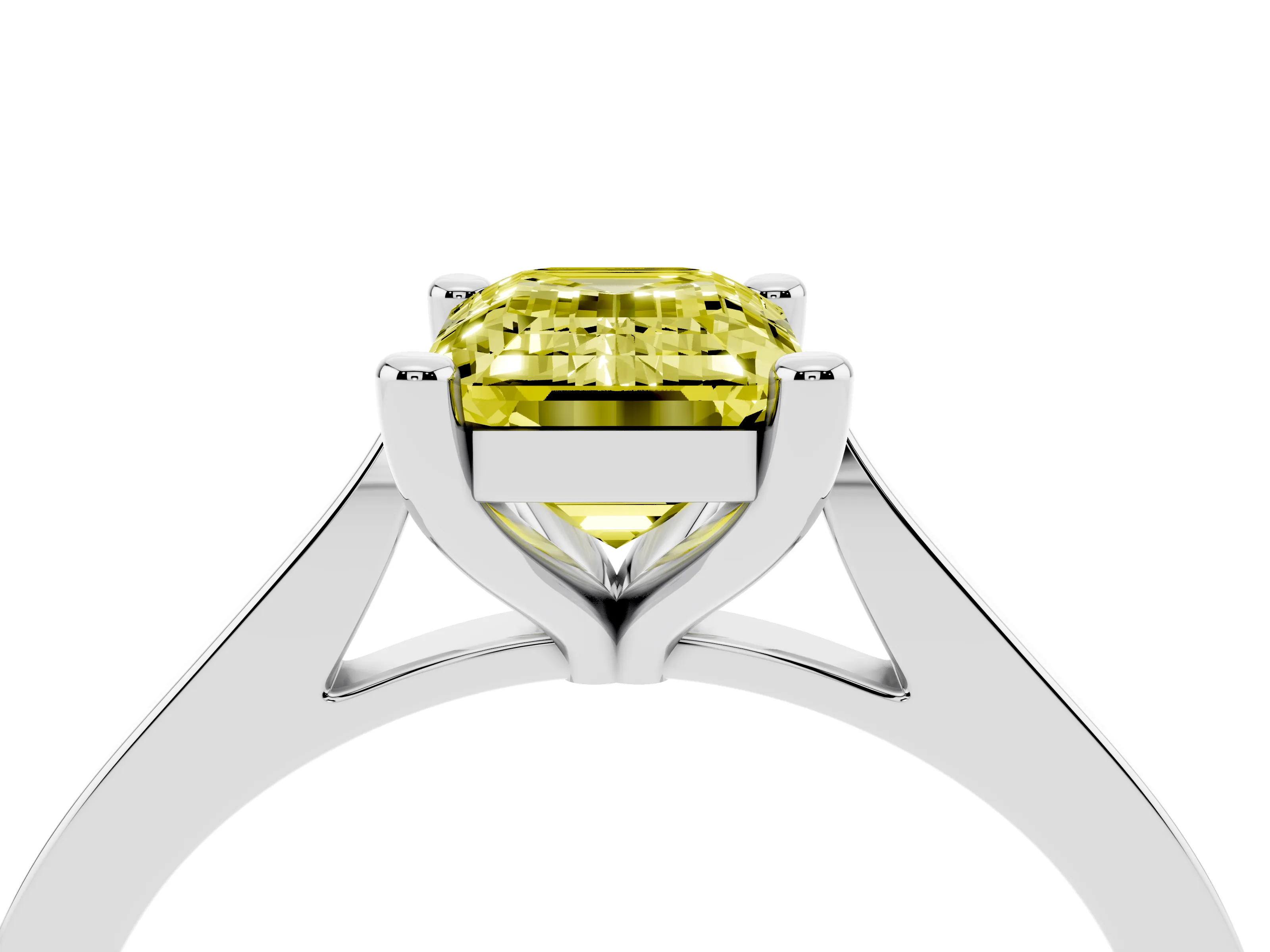 Fancy Yellow Emerald Cut Diamond Solitaire Ring Set in Silver with Prong Setting and Tapered Band