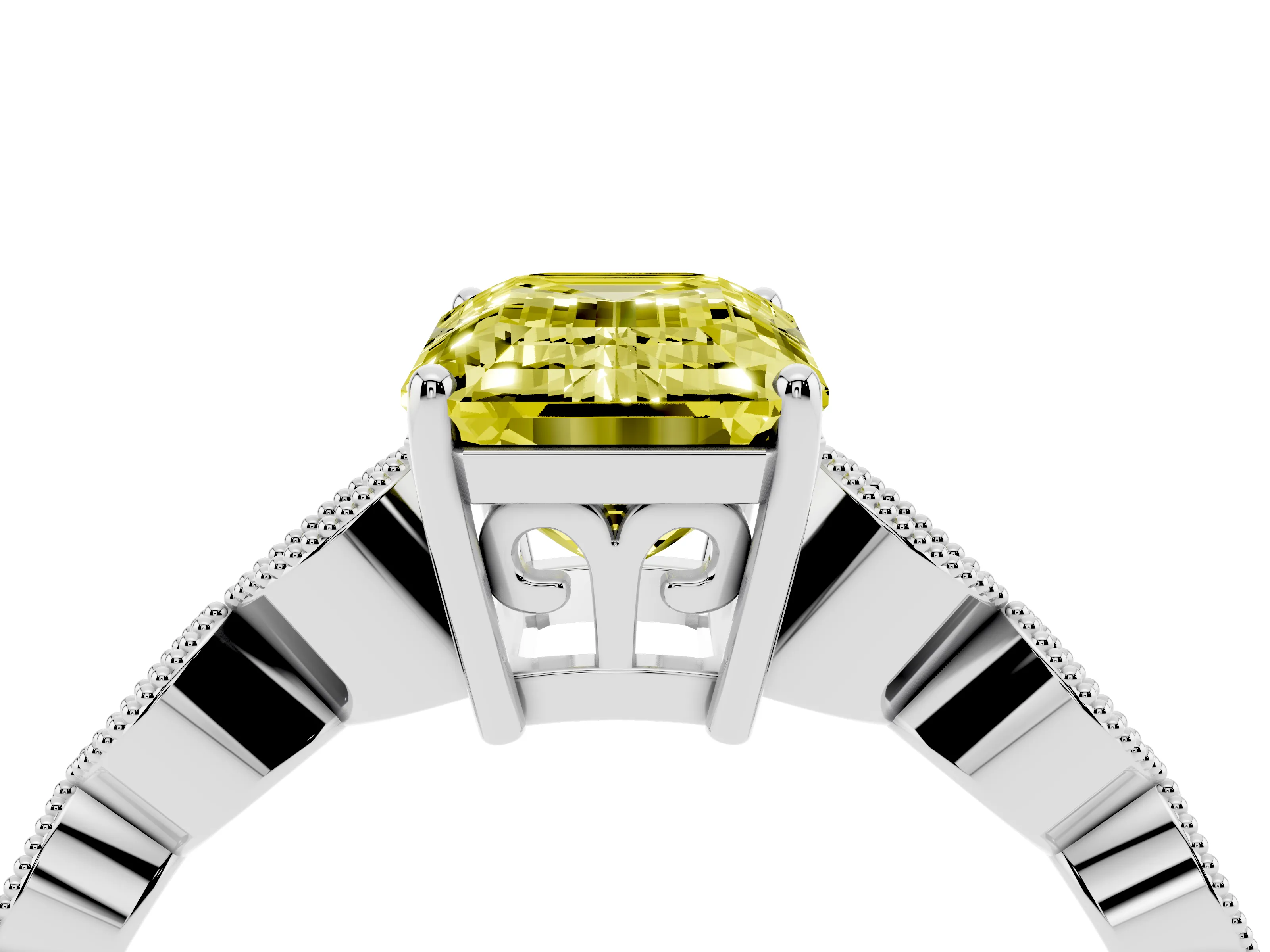 Fancy Yellow Emerald Cut Diamond Solitaire Ring Set in Silver with Infinity Twist Pavé Band