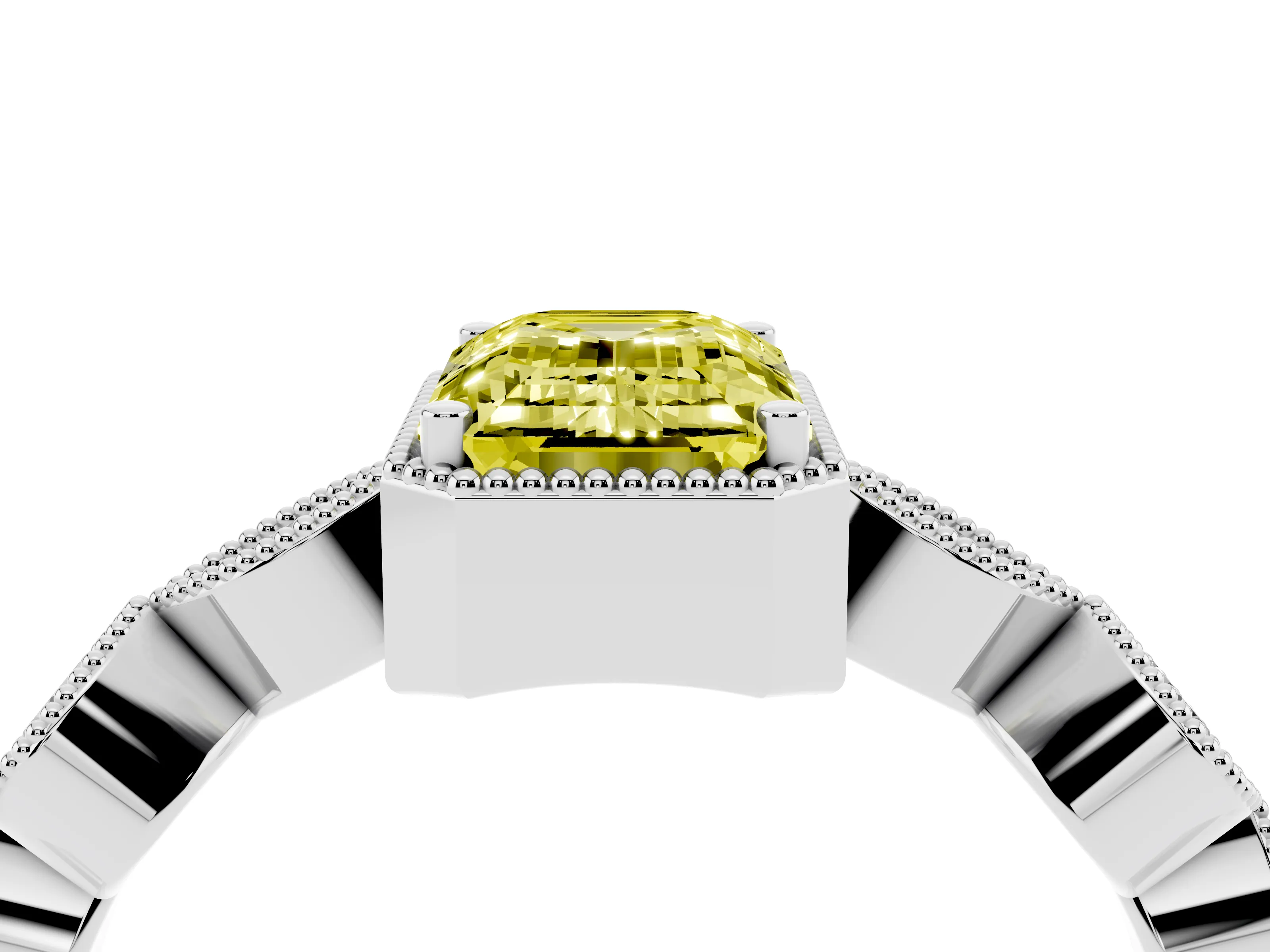 Fancy Yellow Emerald Cut Diamond Vintage-Inspired Milgrain Ring Set in Platinum with Marquise Stations of Round Accents