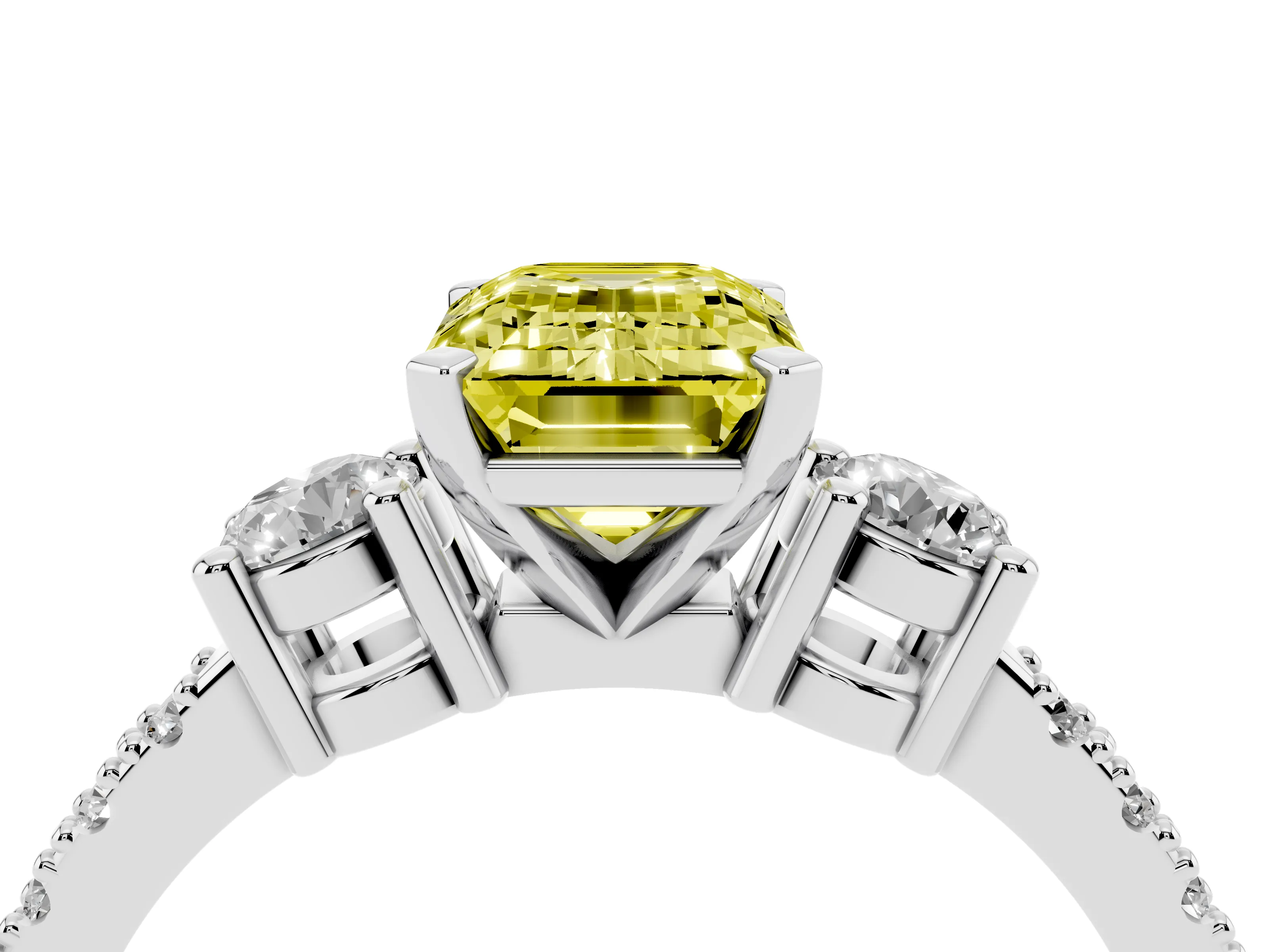 Fancy Yellow Three-Stone Emerald Cut Diamond Pavé Band Ring Set in Platinum with Prong Setting