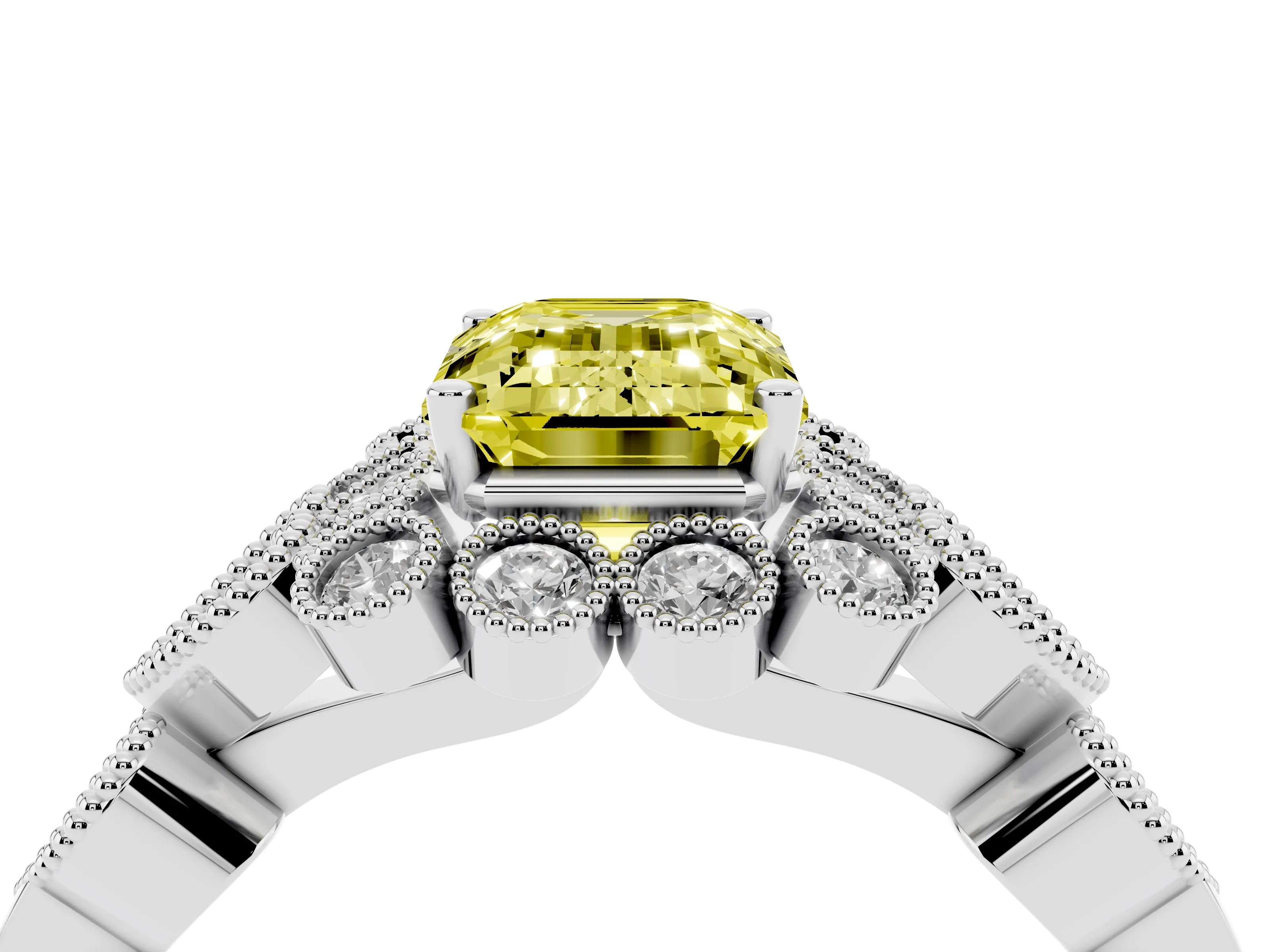 Fancy Yellow Emerald Cut Diamond Solitaire Ring Set in White gold with Milgrain Pavé Heart Band