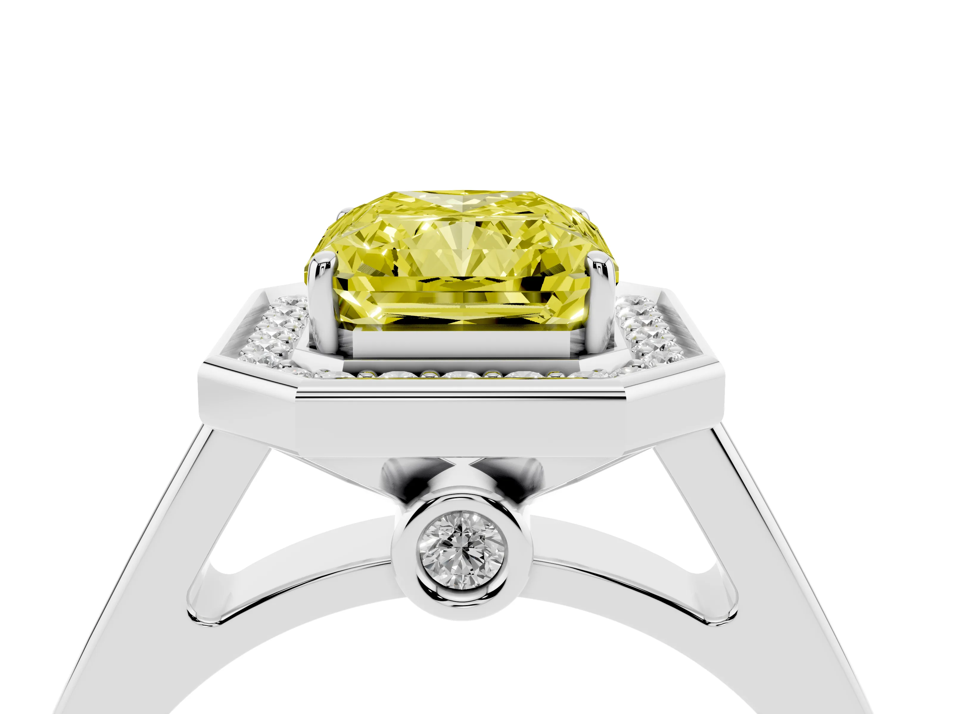 Fancy Yellow Emerald Cut Diamond Halo Solitaire Ring Set in Silver with Pavé Band and Bezel Setting