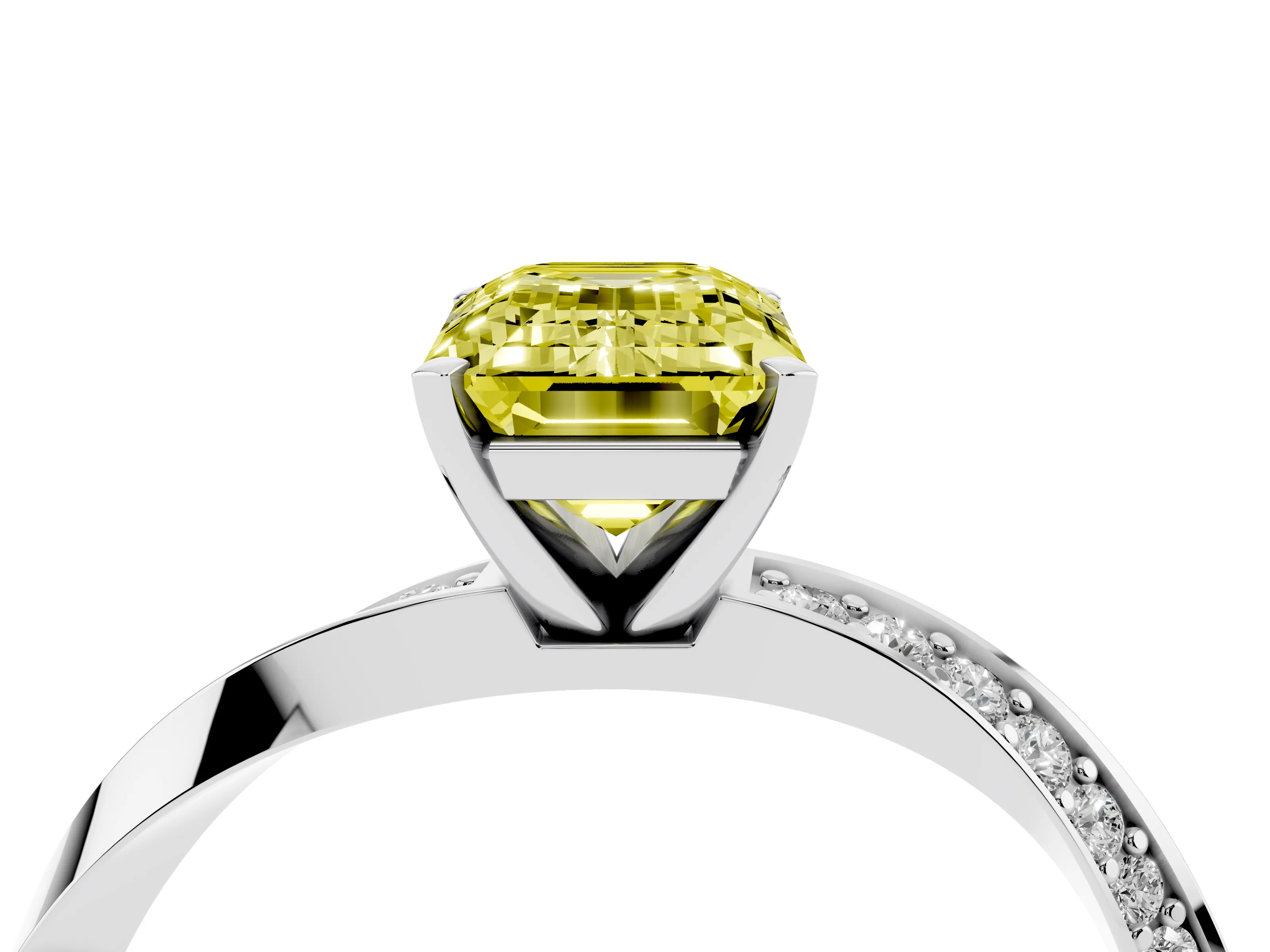 Fancy Yellow Emerald Cut Diamond Engagement Ring Set in Platinum with Side Stone Accents and Prong Setting