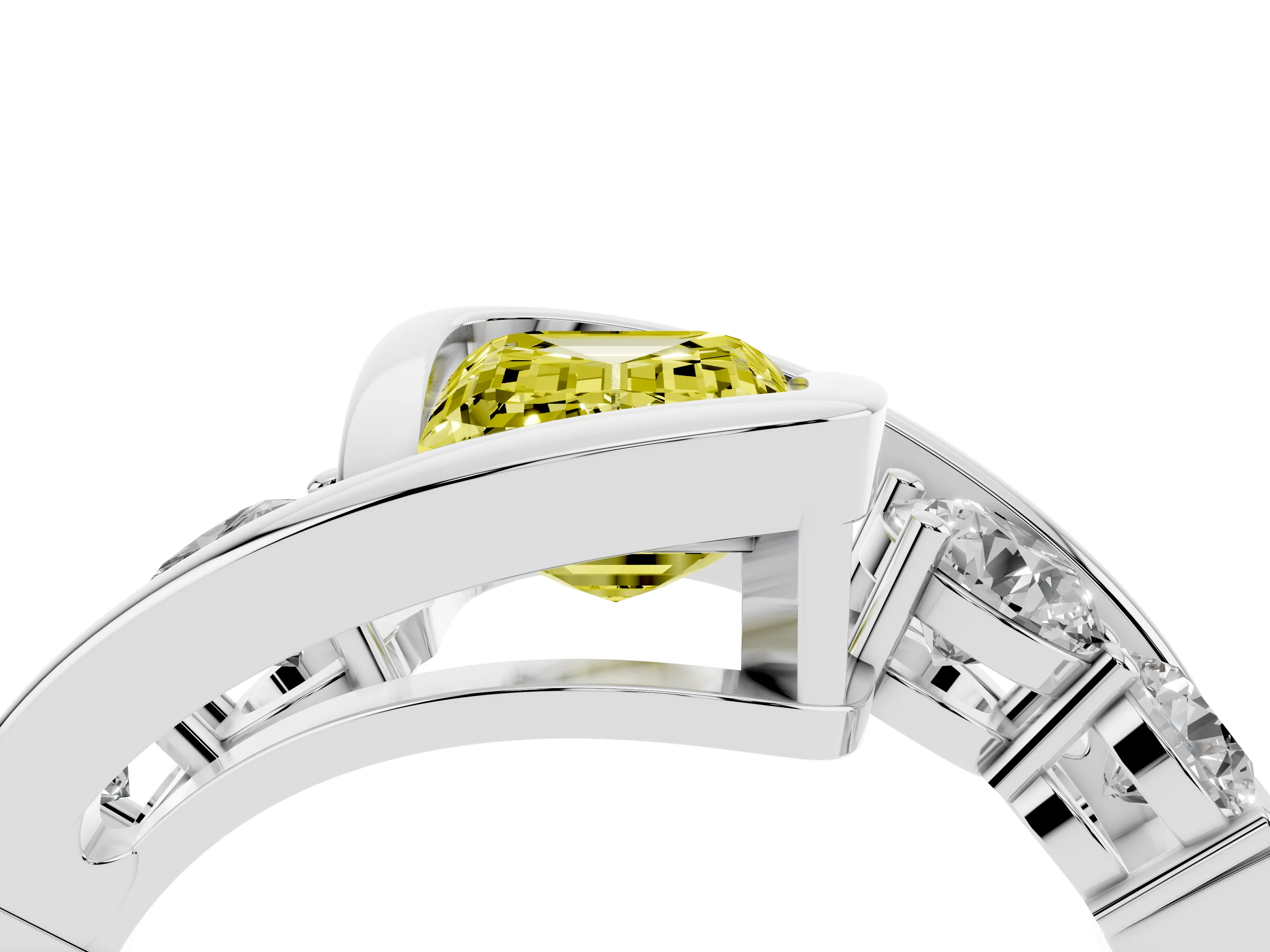 Fancy Yellow Emerald Cut Diamond Bezel Bypass Ring Set in Silver with Round Accents