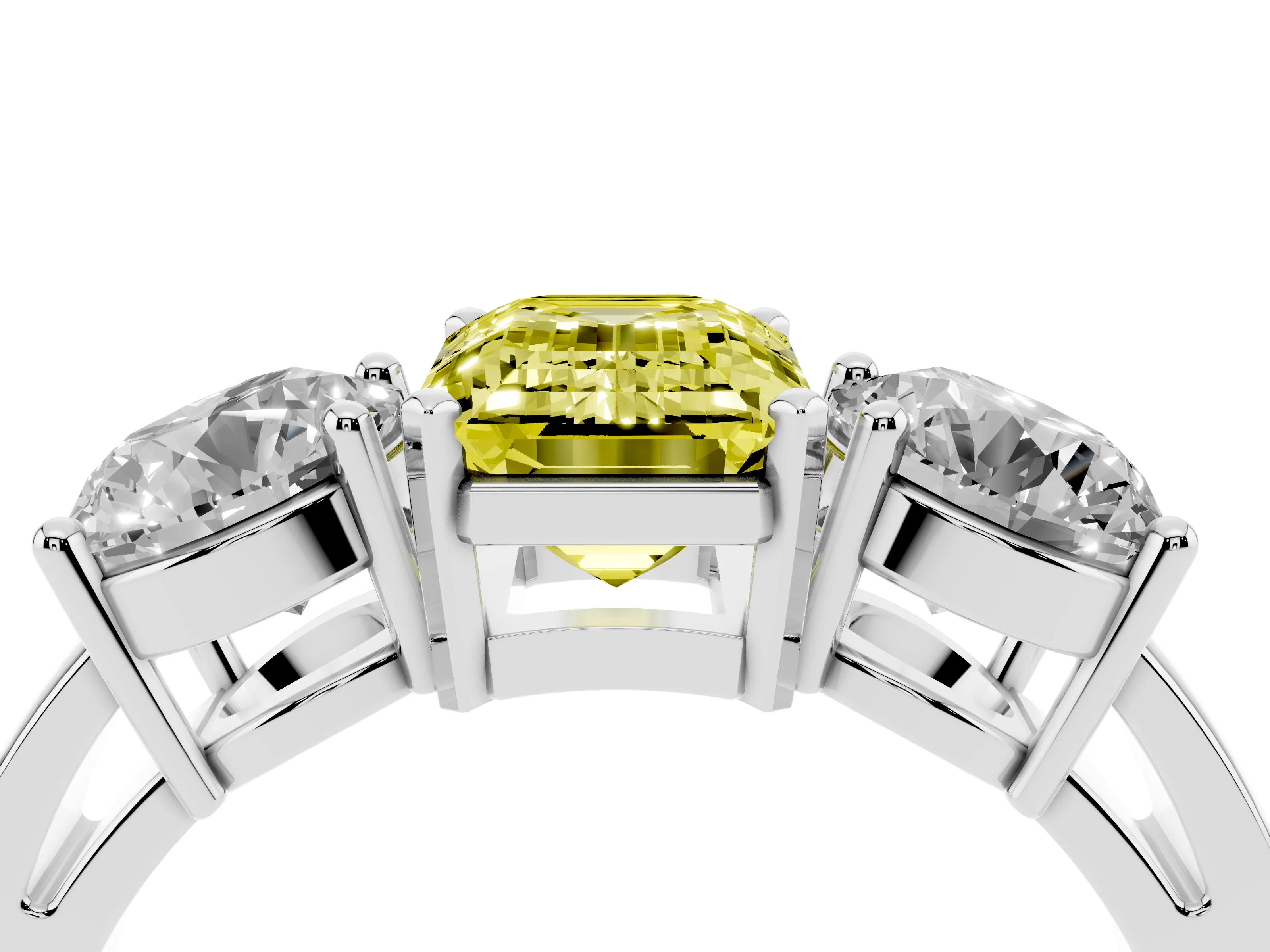 Fancy Yellow Emerald Cut Diamond Three-Stone Ring Set in White gold with Round Side Stones and Classic Band