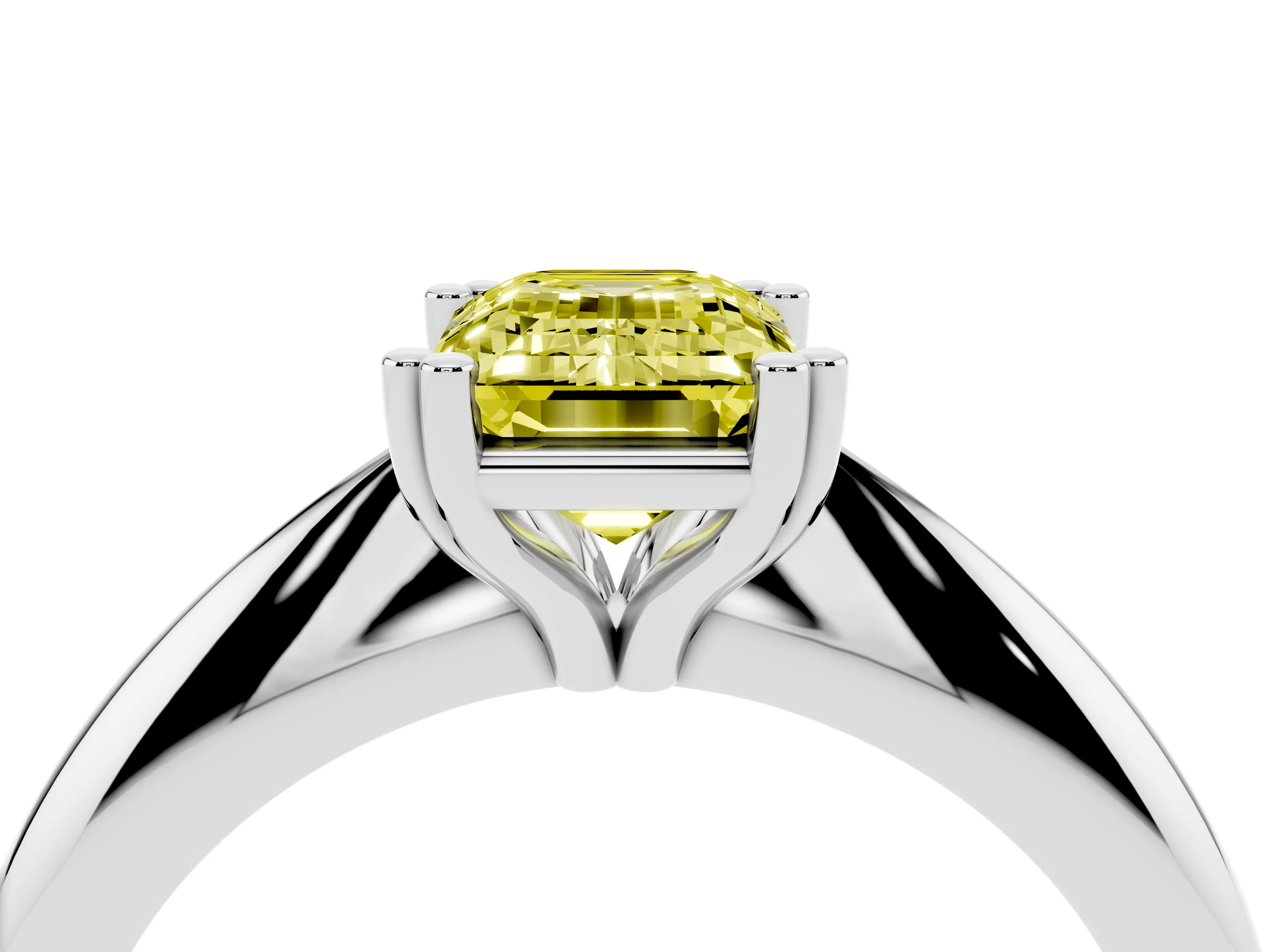 Fancy Yellow Emerald Cut Diamond Solitaire Engagement Ring Set in Platinum with Tapered Band and Prong Setting