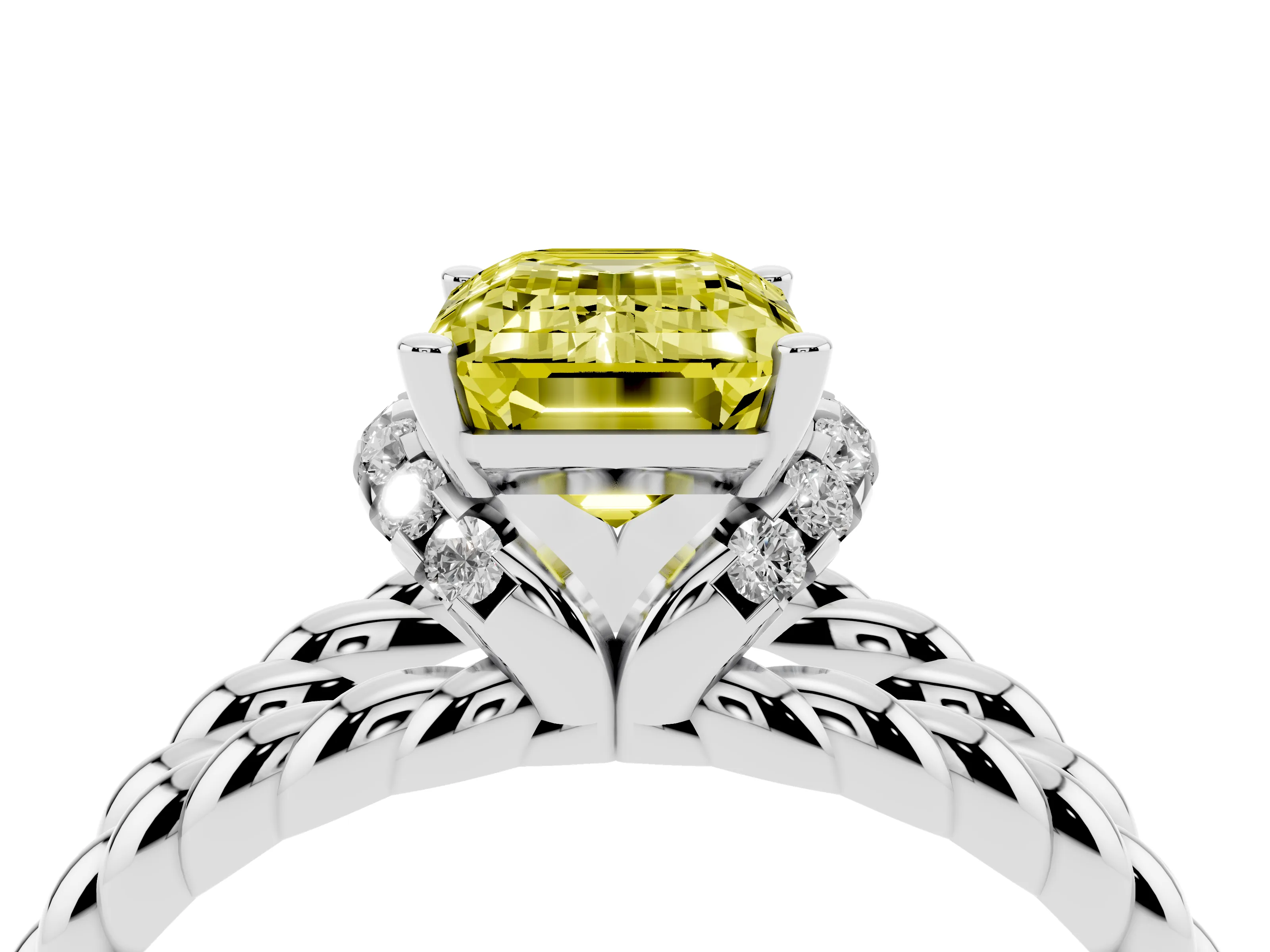 Fancy Yellow Emerald Cut Diamond Halo Ring Set in White gold with Twisted Band and Prong Setting