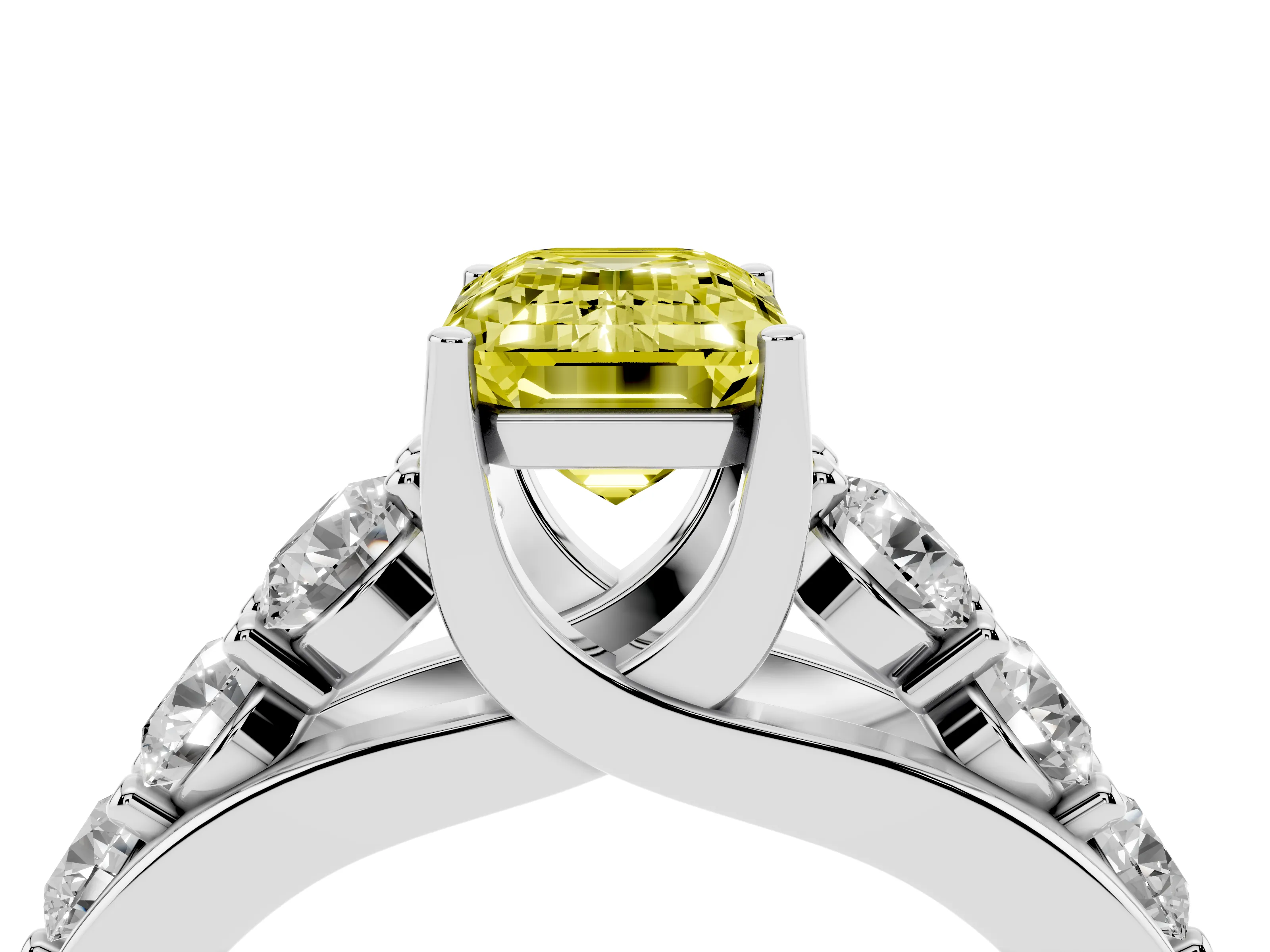 Fancy Yellow Emerald Cut Diamond Pavé Engagement Ring Set in Platinum with Prong Setting