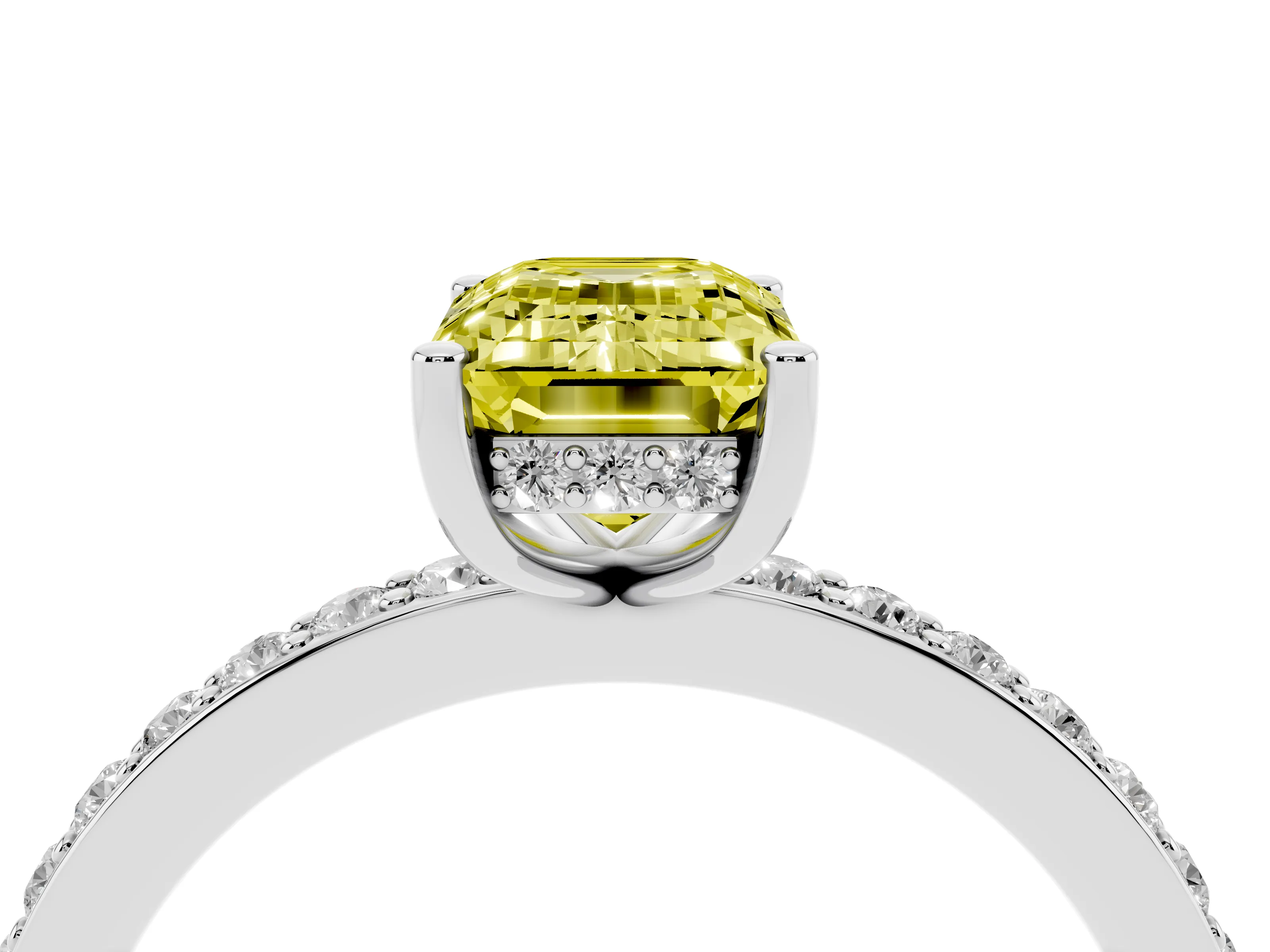 Fancy Yellow Emerald Cut Diamond Pavé Band Ring Set in Silver with Prong-Set Center Stone