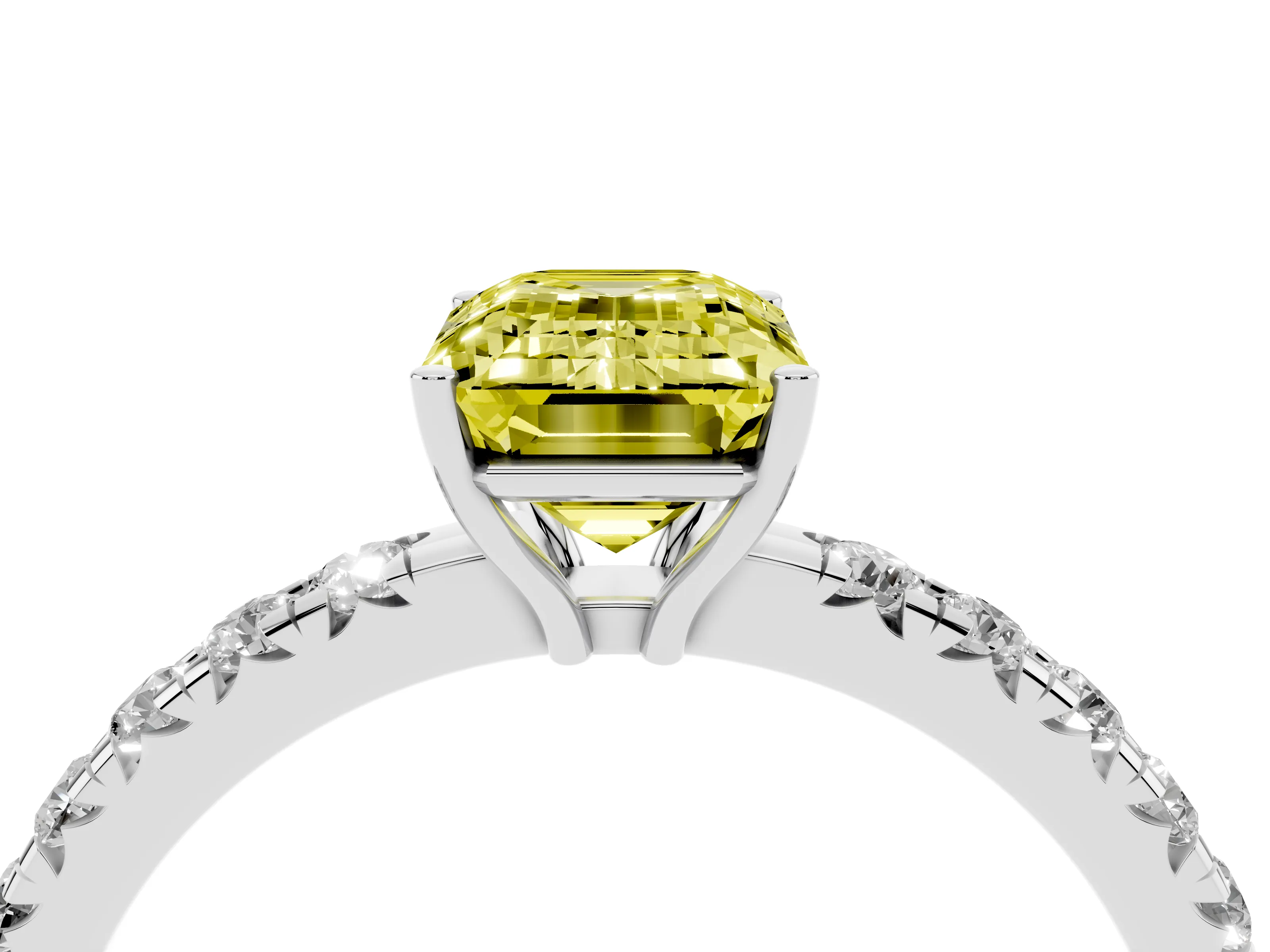 Fancy Yellow Emerald Cut Diamond Pavé Solitaire Engagement Ring Set in Platinum with Prong Setting