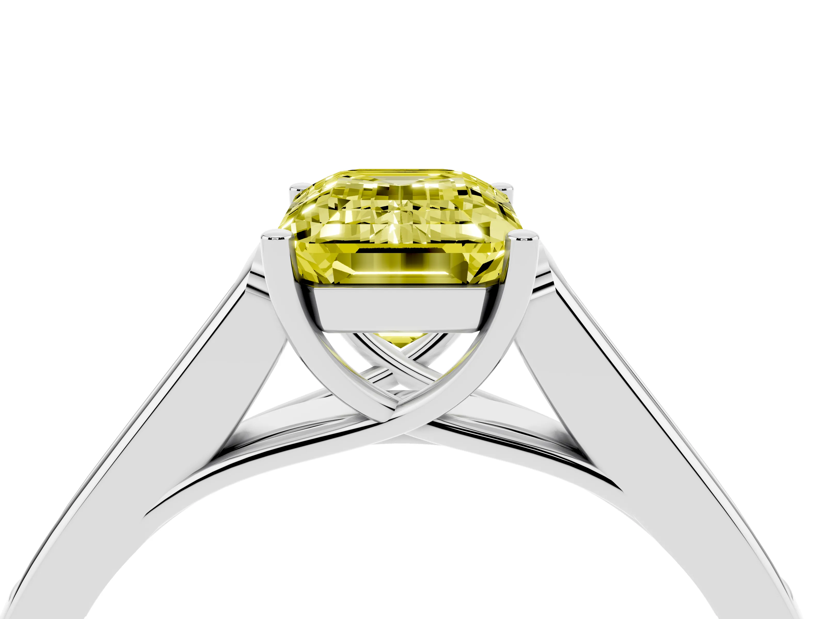Fancy Yellow Emerald Cut Diamond Solitaire Cathedral Engagement Ring Set in Silver with Channel-Set Band and Prong Setting