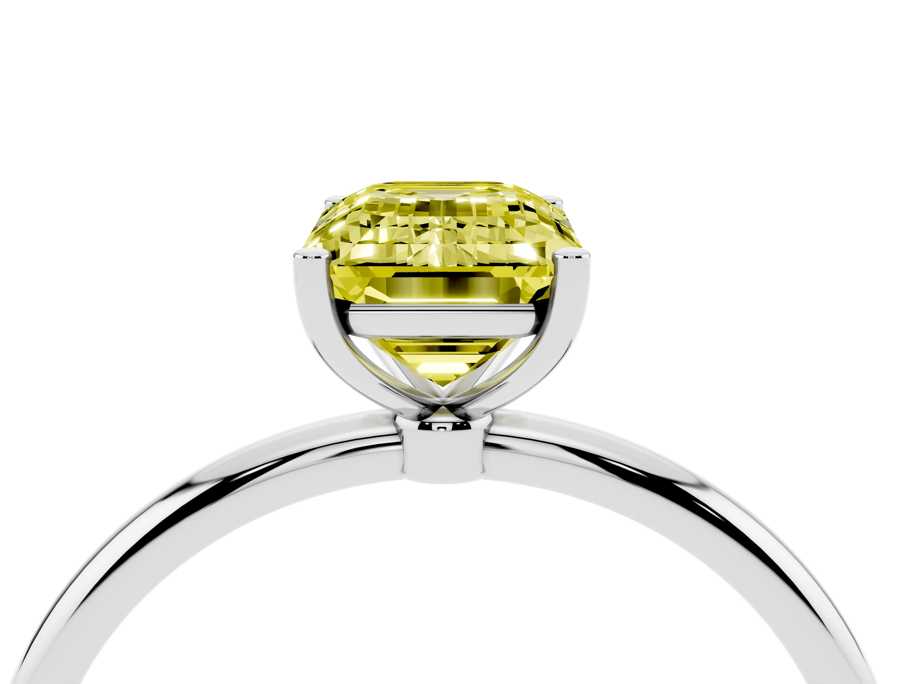 Fancy Yellow Emerald Cut Diamond Solitaire Engagement Ring Set in Platinum with Thin Band and Prong Setting