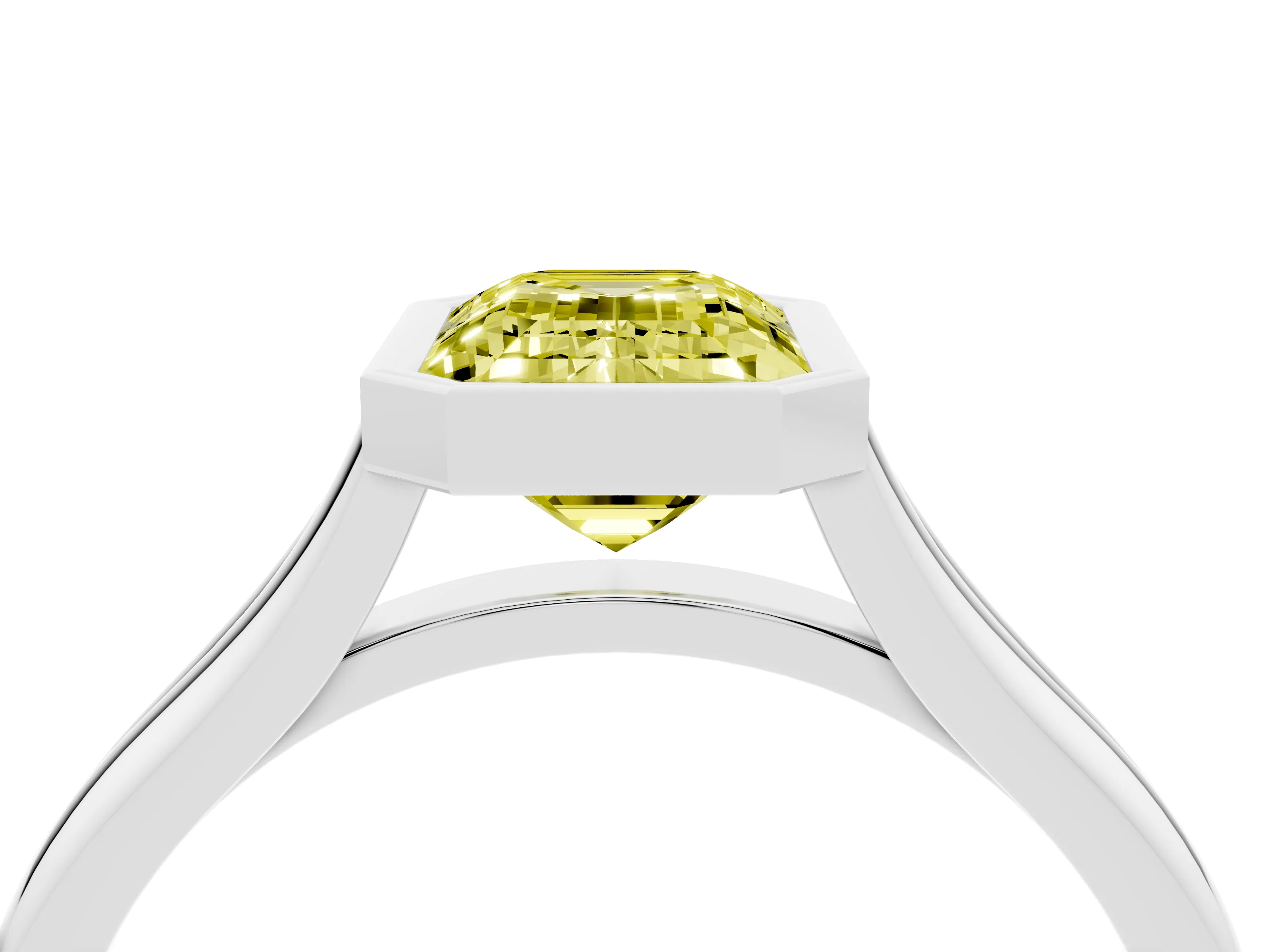 Fancy Yellow Bezel Set Emerald Cut Diamond Solitaire Ring Set in Platinum with Tapered Band
