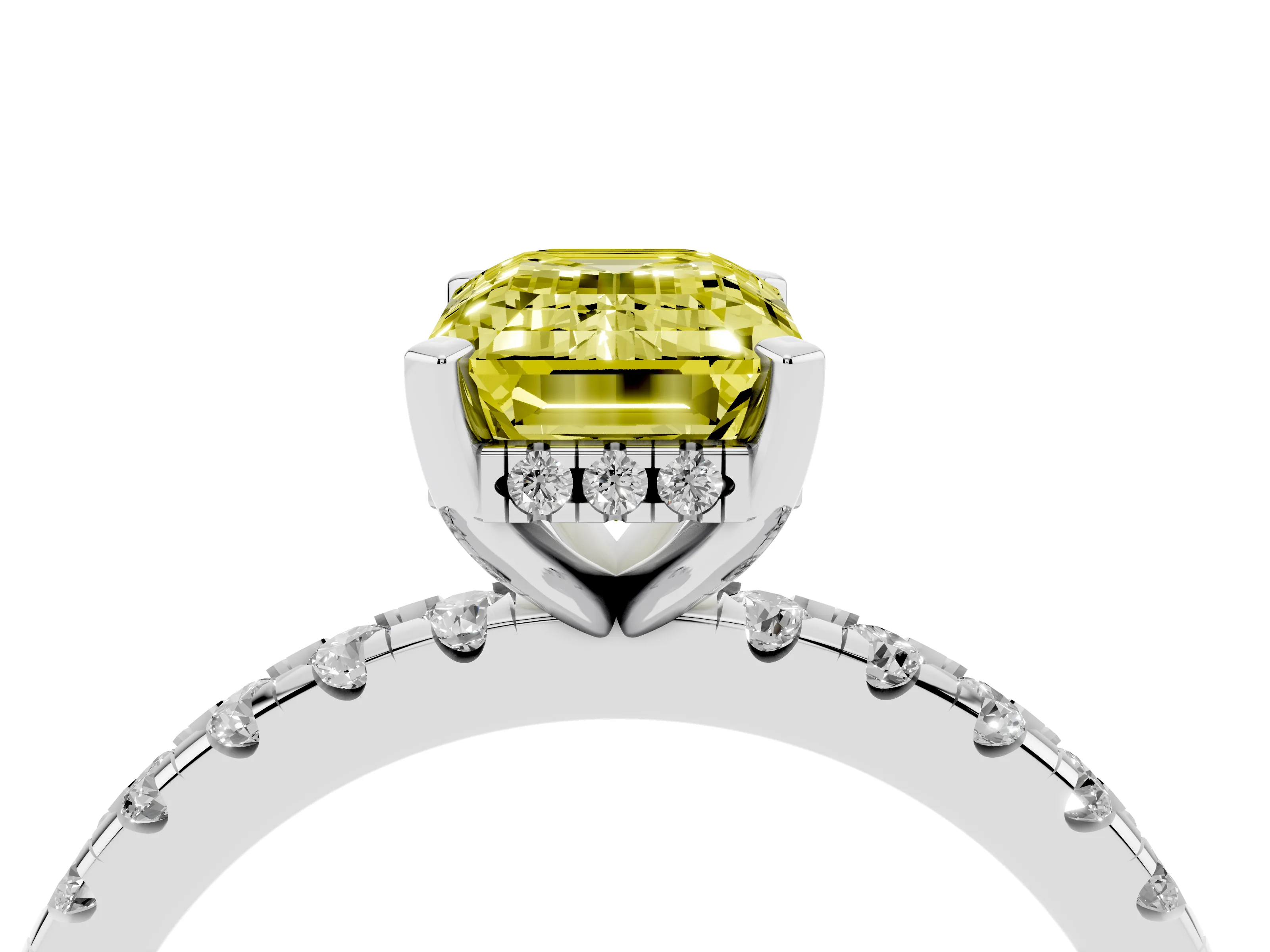 Fancy Yellow Emerald Cut Diamond Pavé Solitaire Ring Set in Platinum with Round Band Accents and Prong Setting