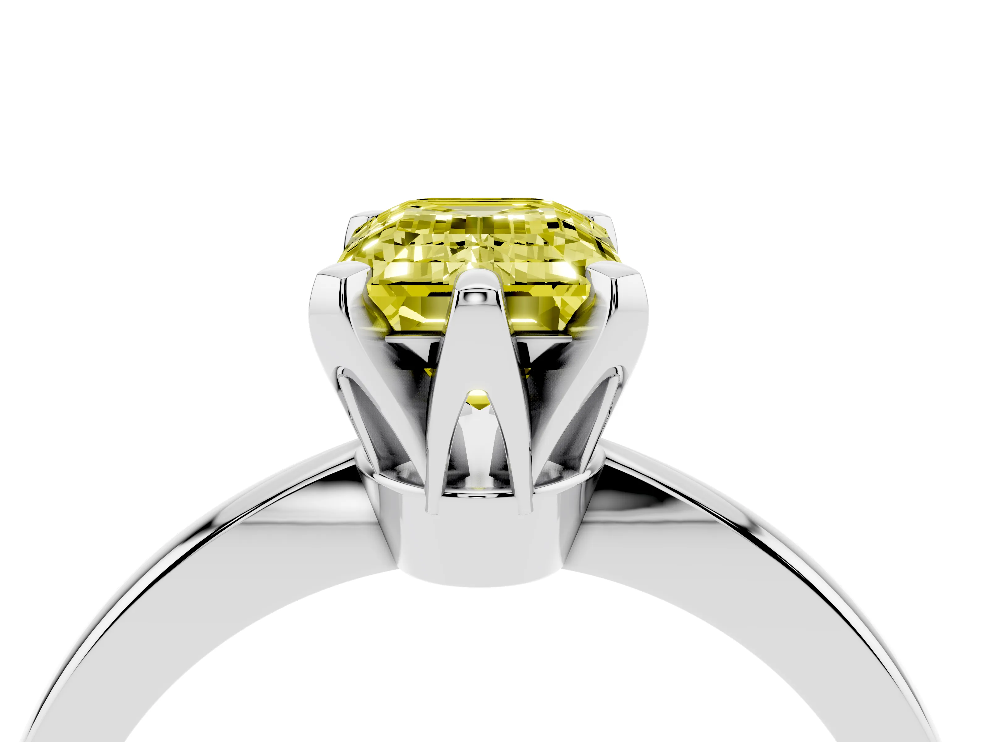 Fancy Yellow Emerald Cut Diamond Solitaire Engagement Ring Set in White gold with Slim Tapered Solitaire Band