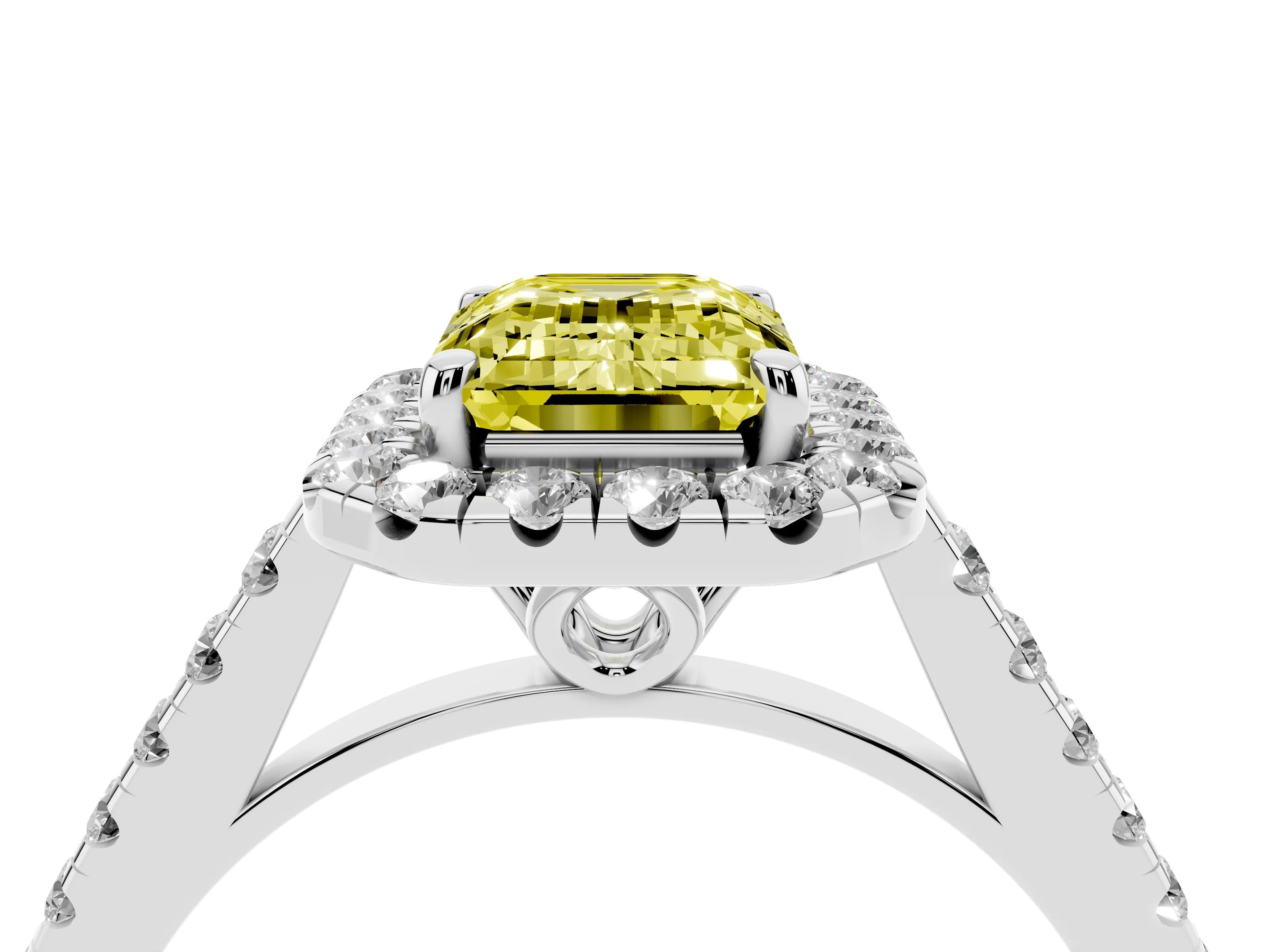 Fancy Yellow Emerald Cut Diamond Pavé Halo Engagement Ring Set in White gold with Pavé Band and Prong Setting
