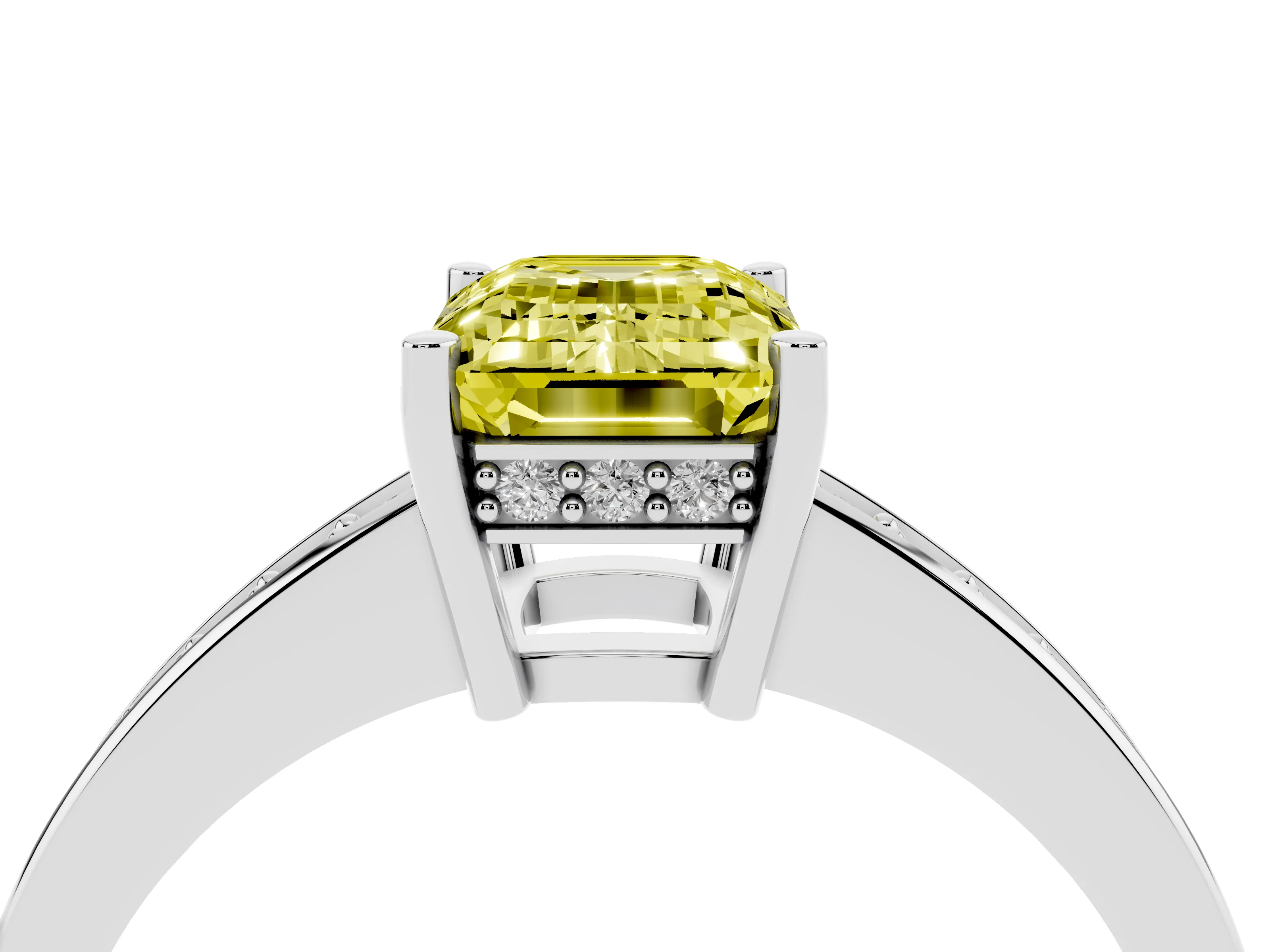 Fancy Yellow Emerald Cut Diamond Pavé Band Prong Set Solitaire Ring Set in White gold