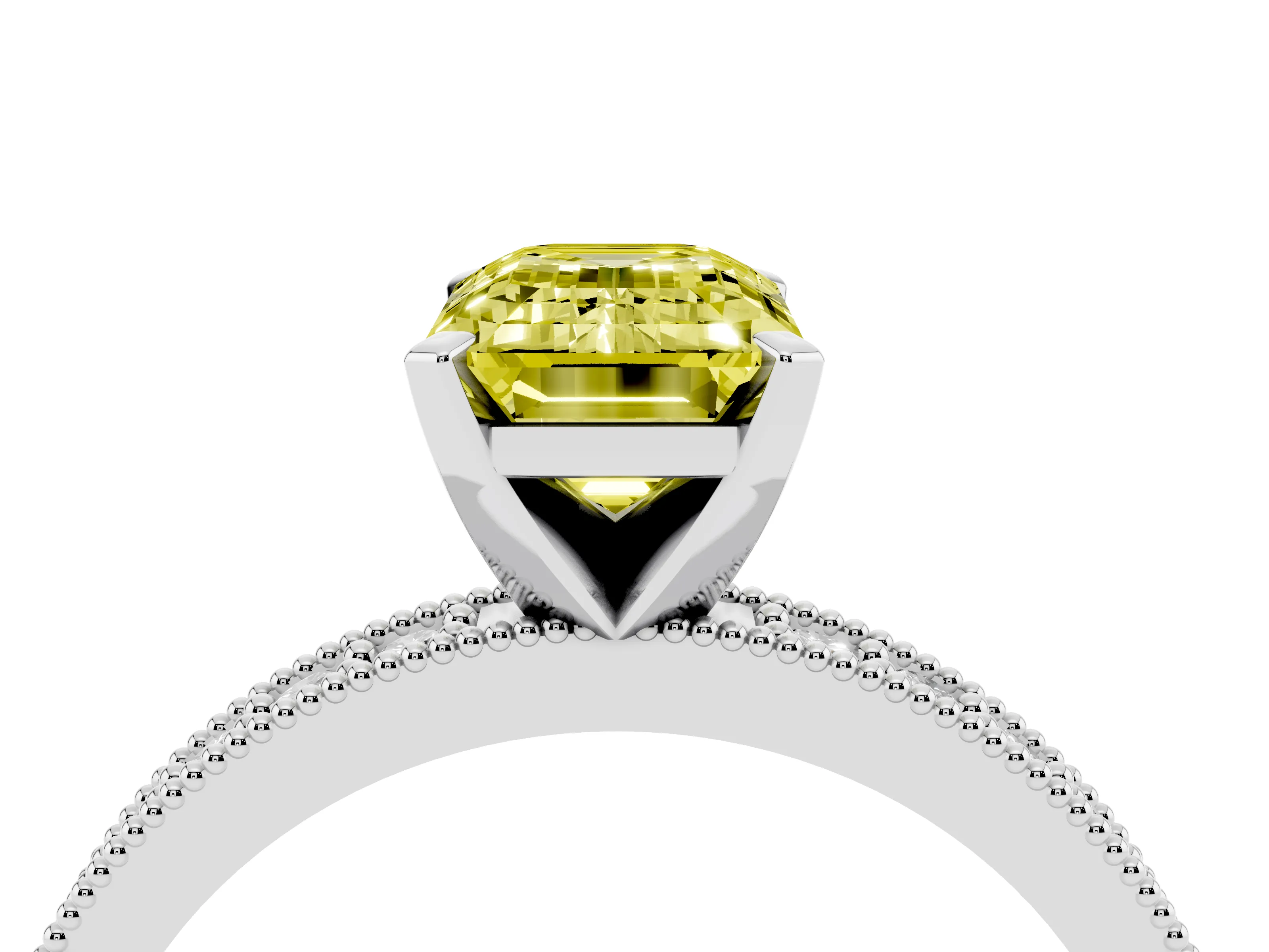 Fancy Yellow Emerald Cut Diamond Milgrain Pavé Engagement Ring Set in Silver with Prong Setting