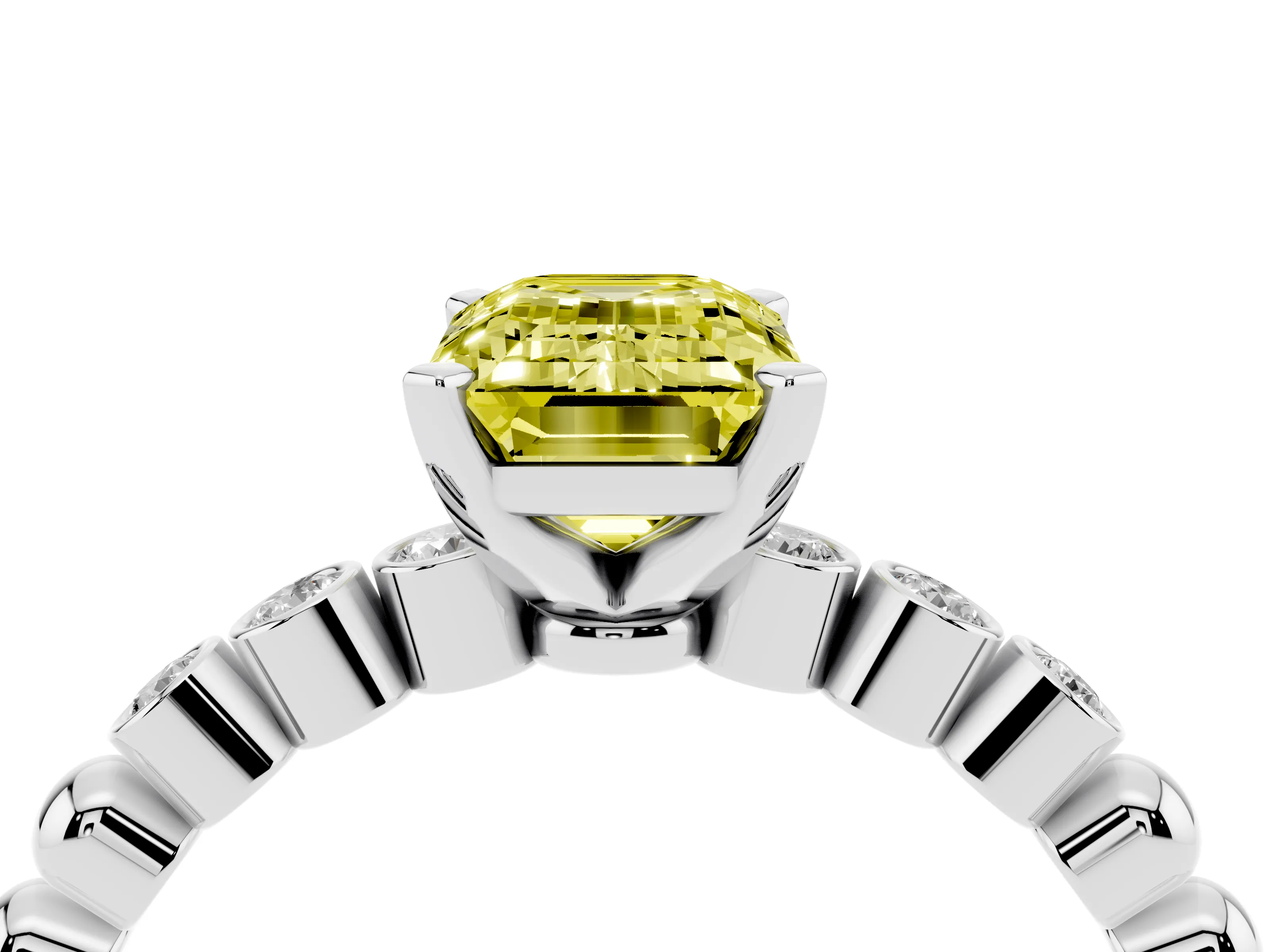 Fancy Yellow Emerald Cut Diamond Solitaire Engagement Ring Set in Silver with Bezel Accents on Beaded Band