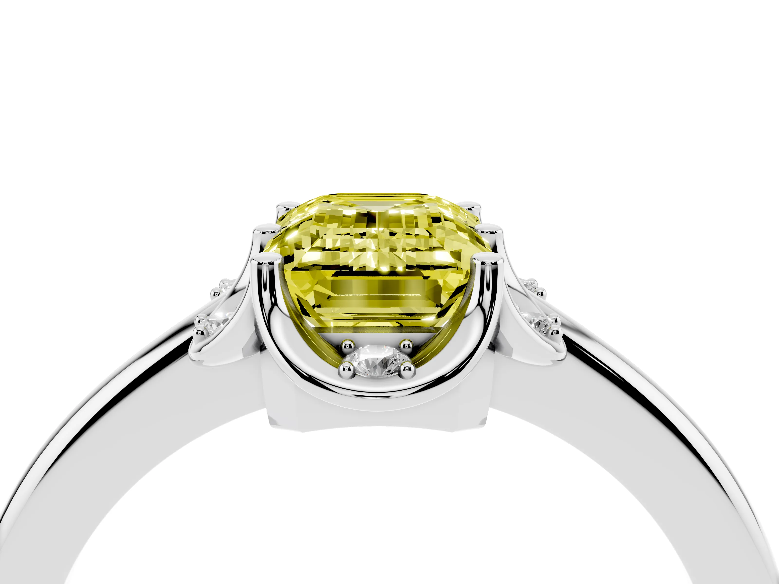 Fancy Yellow Emerald Cut Diamond Round Cluster Halo Ring Set in White gold with Solitaire Band and Prong Setting