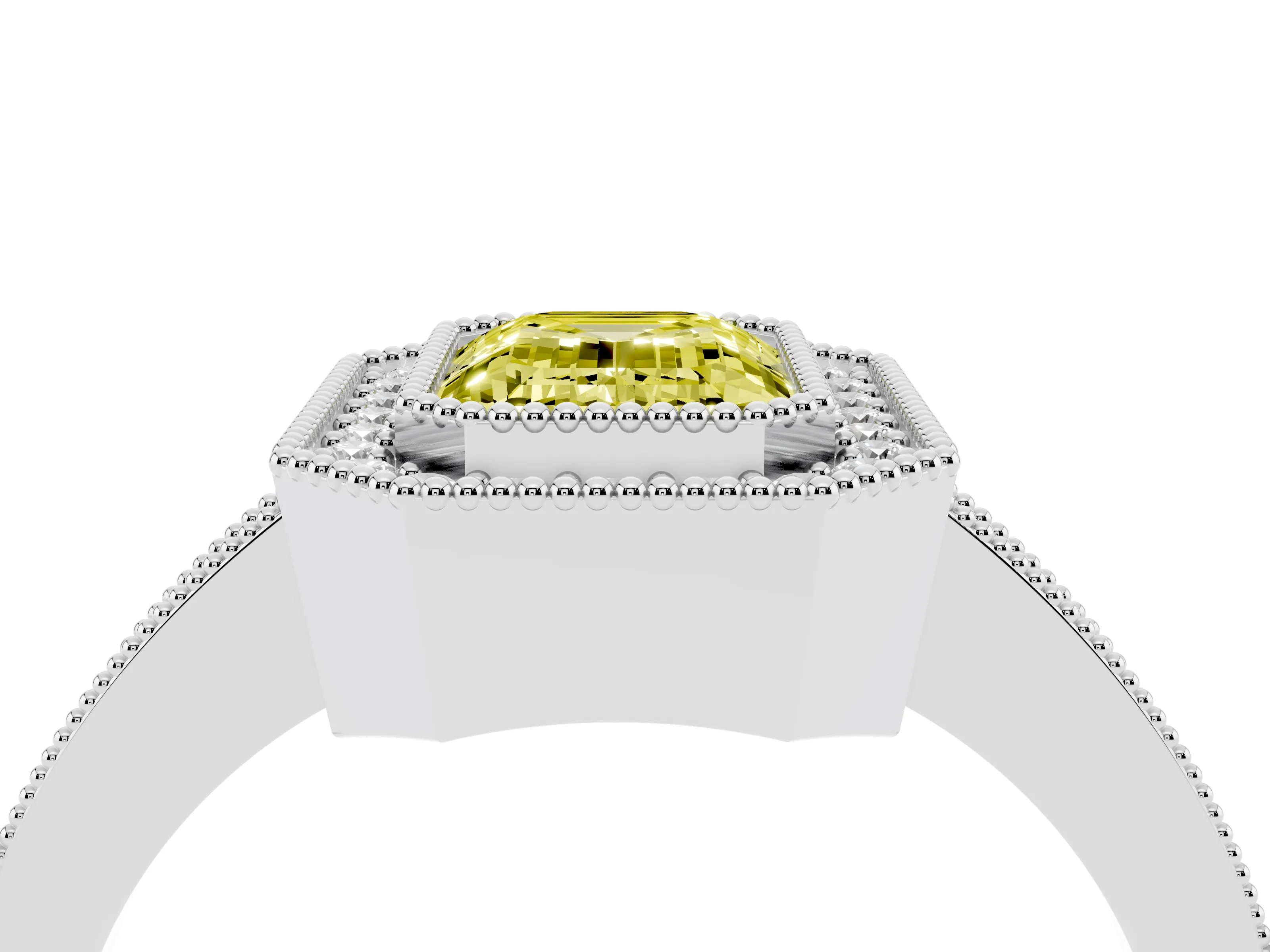 Fancy Yellow Emerald Cut Diamond Halo Engagement Ring Set in White gold with Pavé Band and Round Halo Stones