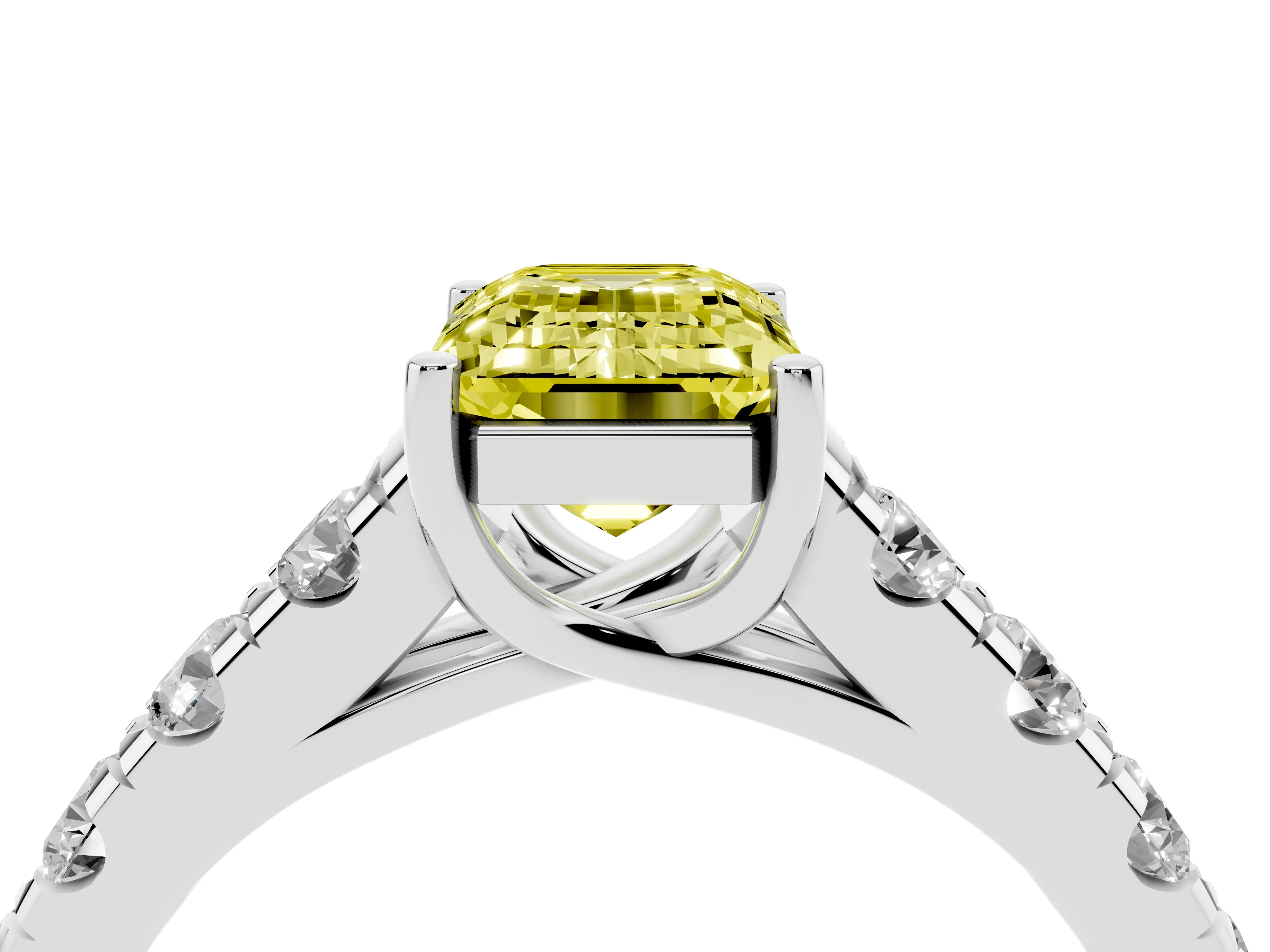 Fancy Yellow Emerald Cut Diamond Solitaire Ring Set in Silver with Cut-Down Micro Pavé Band and Prong Setting