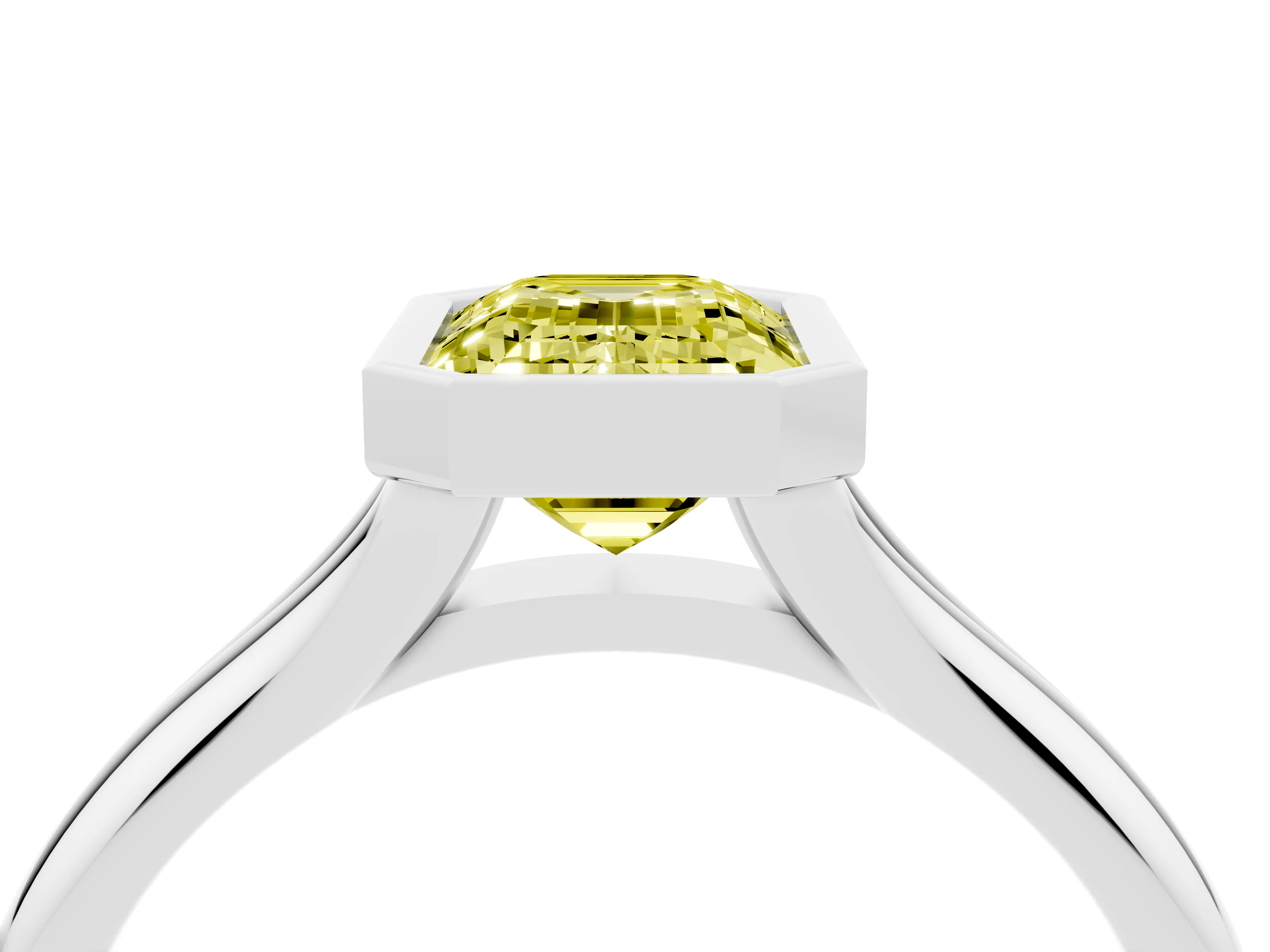 Fancy Yellow Bezel Set Emerald Cut Diamond Solitaire Ring Set in White gold with Smooth Band