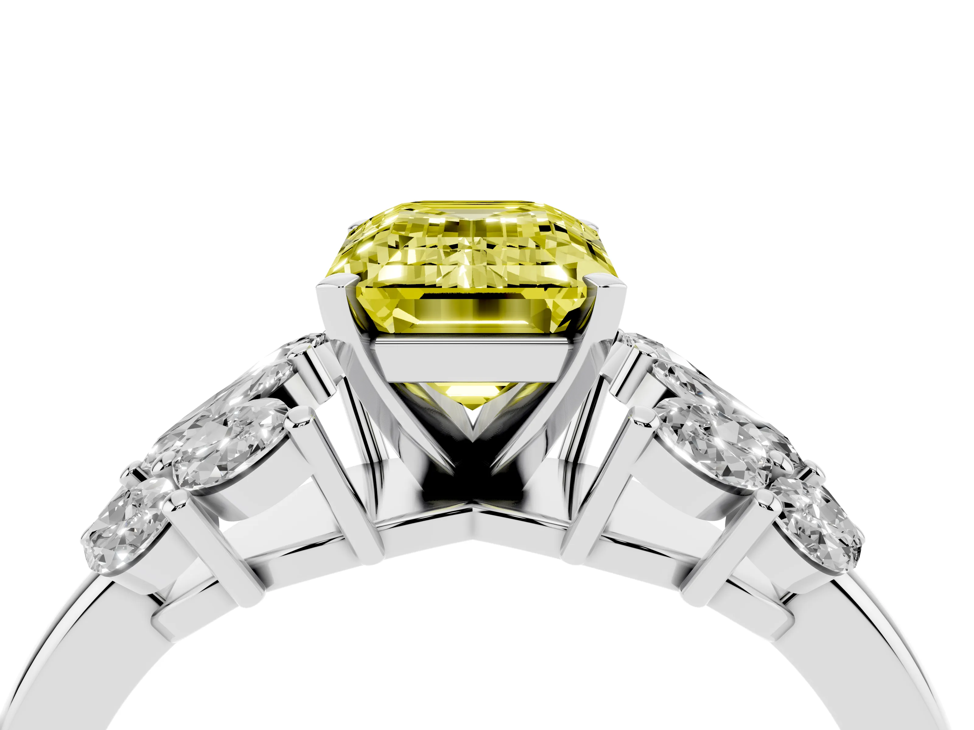 Fancy Yellow Emerald Cut Diamond Cluster Leaf Design Ring Set in Platinum with Prong Setting