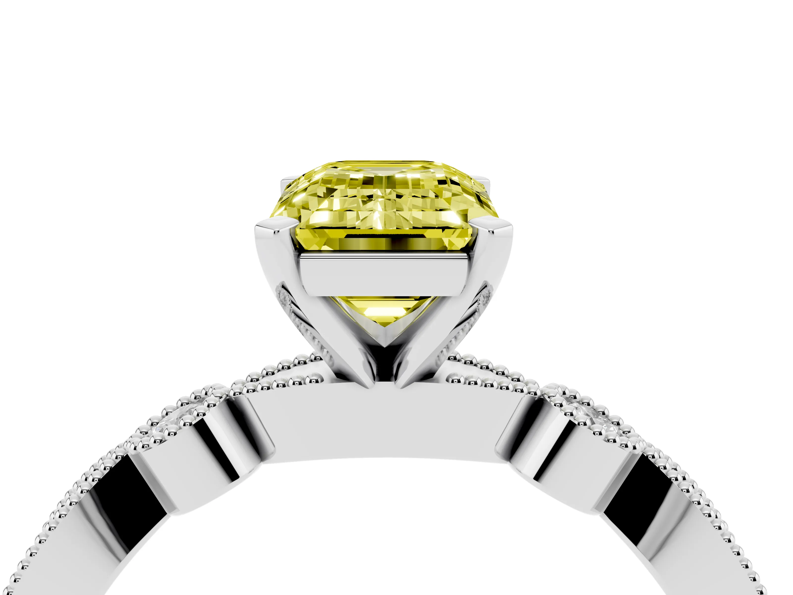 Fancy Yellow Emerald Cut Diamond Solitaire Engagement Ring Set in White gold with Milgrain Bezel Accent Band