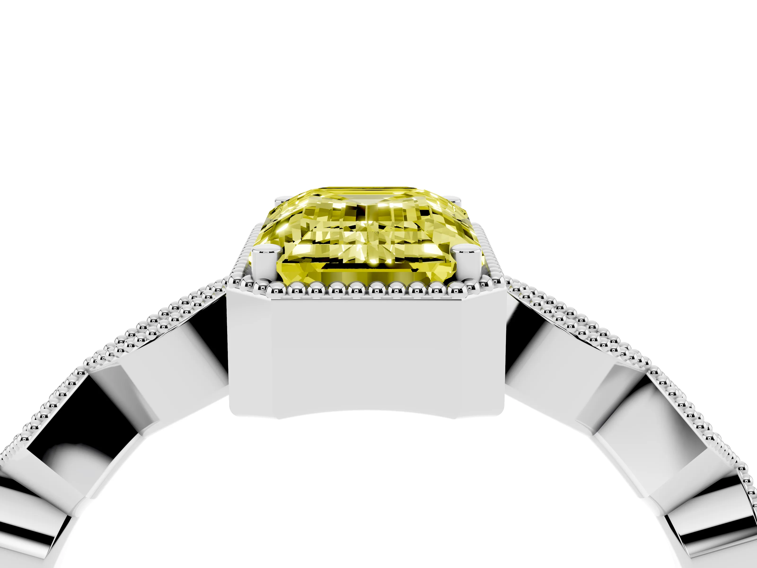 Fancy Yellow Emerald Cut Diamond Milgrain Marquise Twist Band Ring Set in Silver with Prong Setting