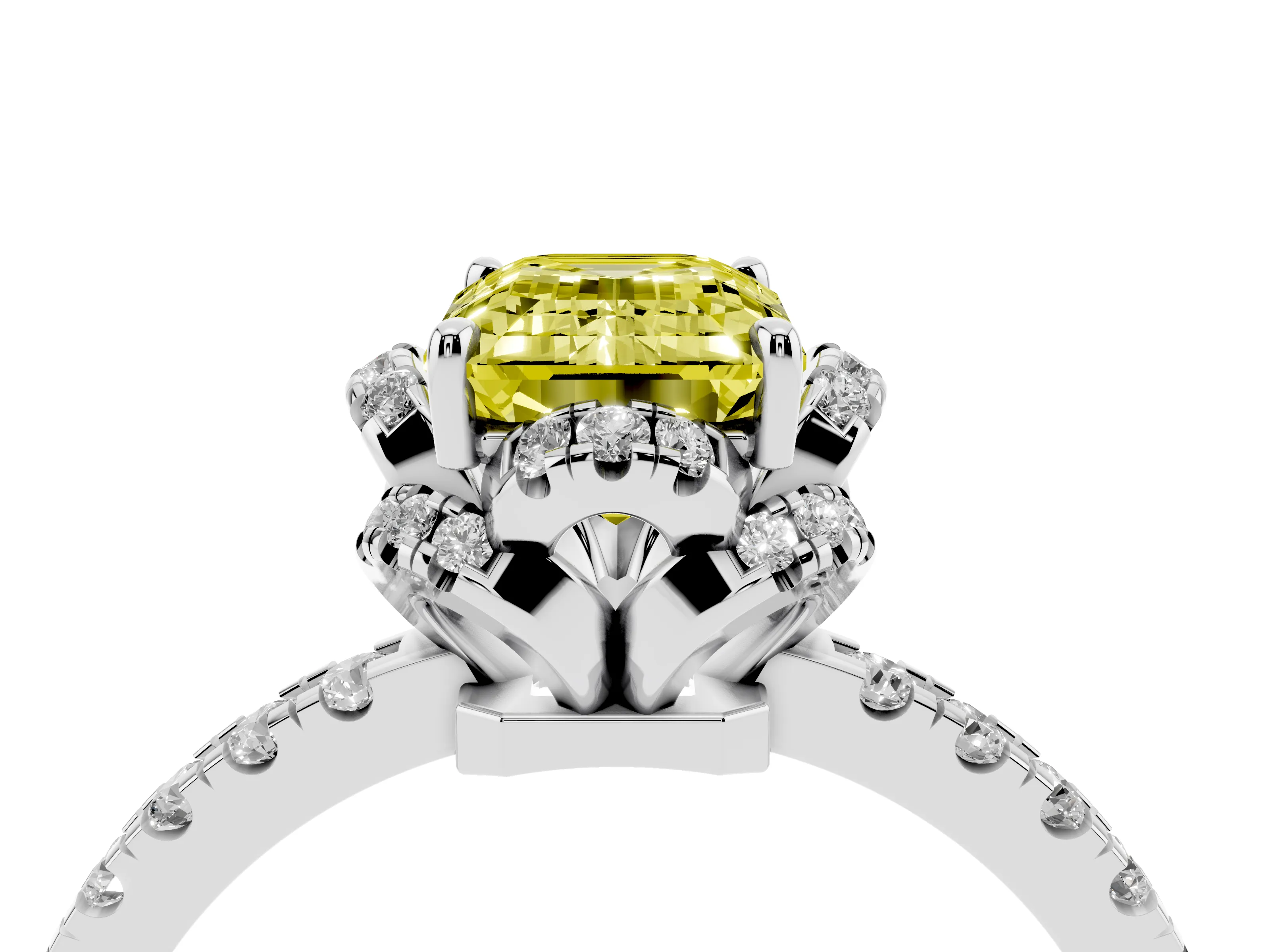Fancy Yellow Emerald Cut Diamond Halo Pavé Band Ring Set in Platinum with Prong-Held Center