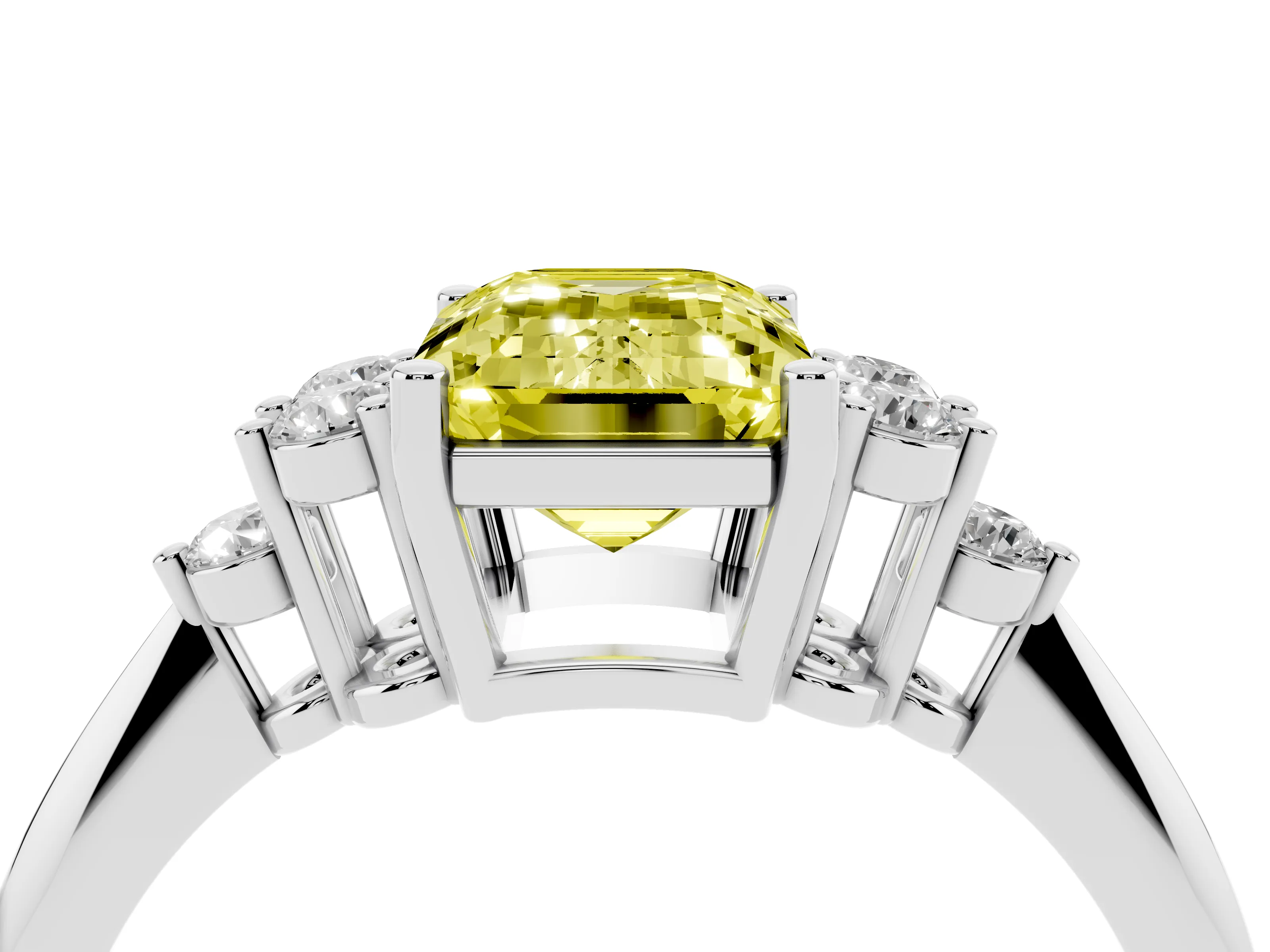 Fancy Yellow Emerald Cut Diamond Cluster Ring Set in Silver with Plain Band and Prong Setting