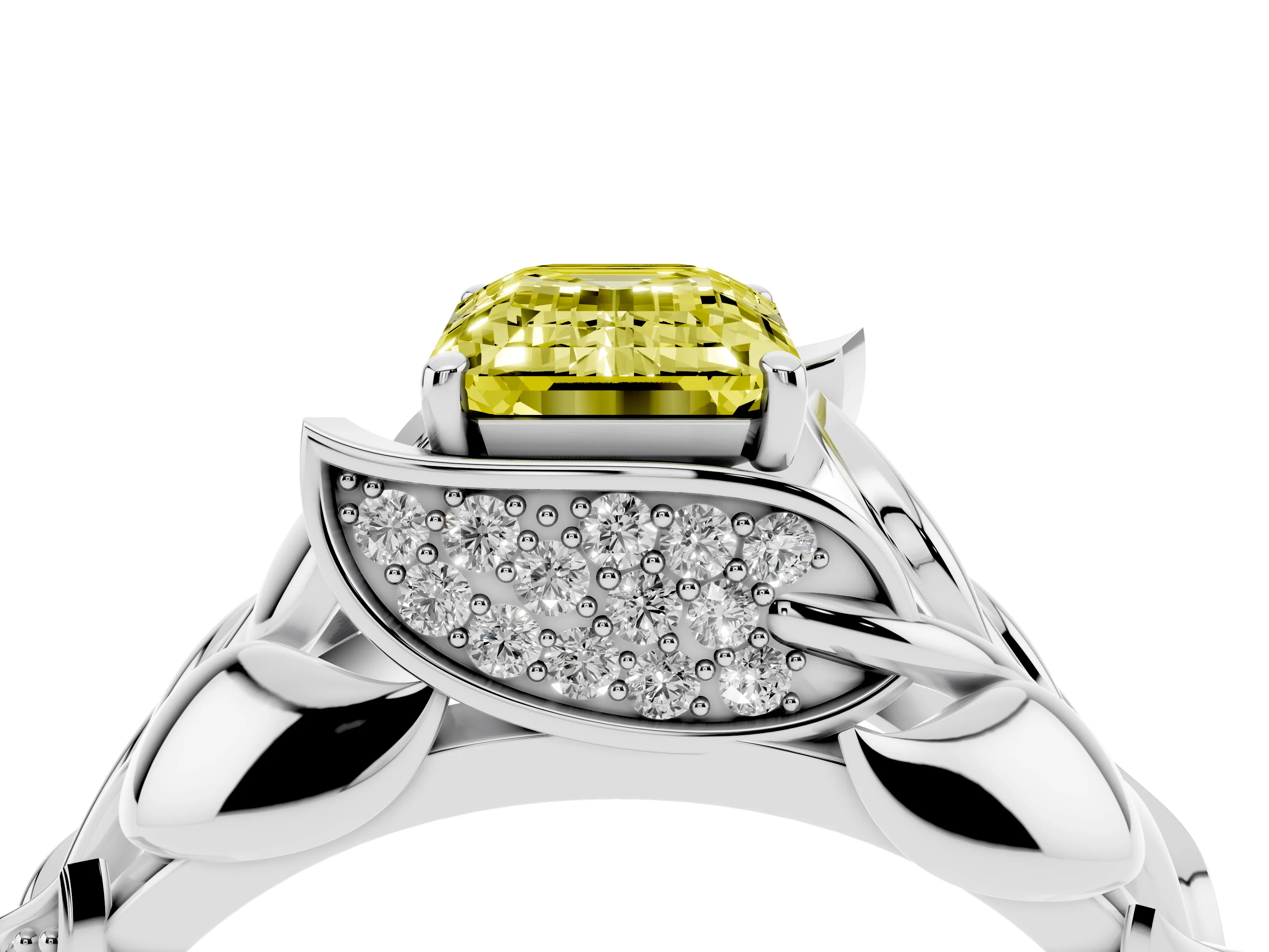 Fancy Yellow Emerald Cut Diamond Leaf-Inspired Engagement Ring Set in Silver with Round Accents